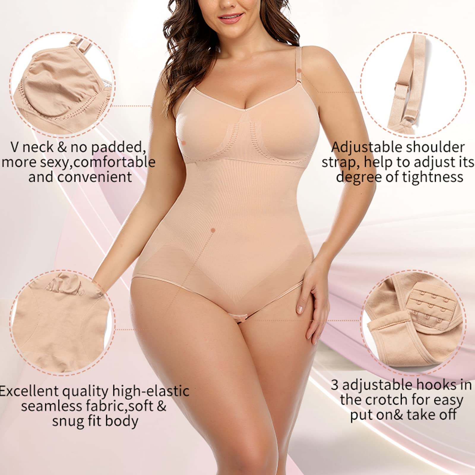 VUCATIN Full Body Shaper, Women Tummy Control Hip Lift Compression Garment, Full Coverage Bust Seamless Bodysuit, Body Slim Mid Thigh Butt Lift Shaper Shapewear