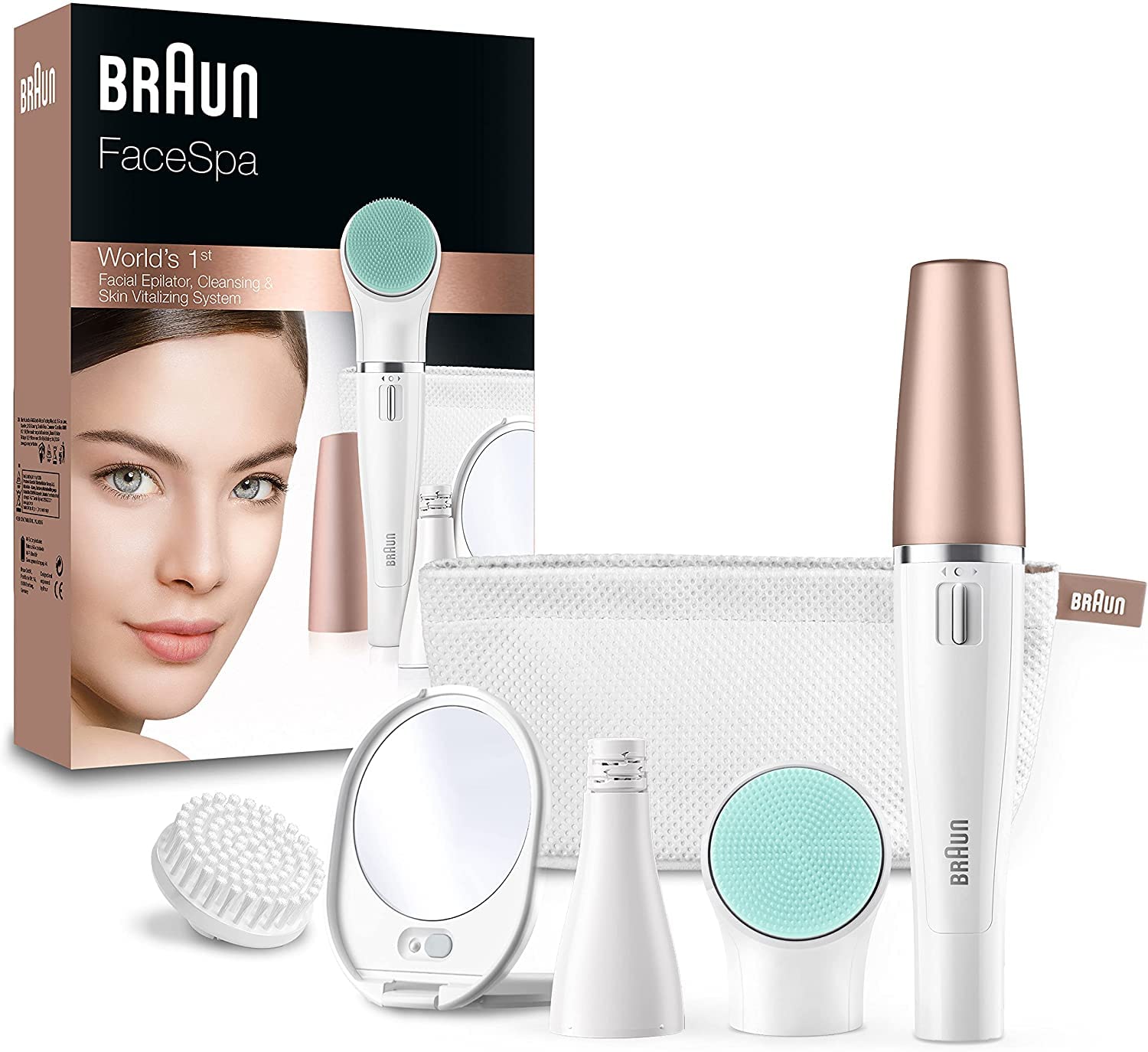 Braun FaceSpa Face Epilator, Hair Removal with Facial Cleansing Brush Head, Lighted Mirror and Beauty Pouch, 851V, White