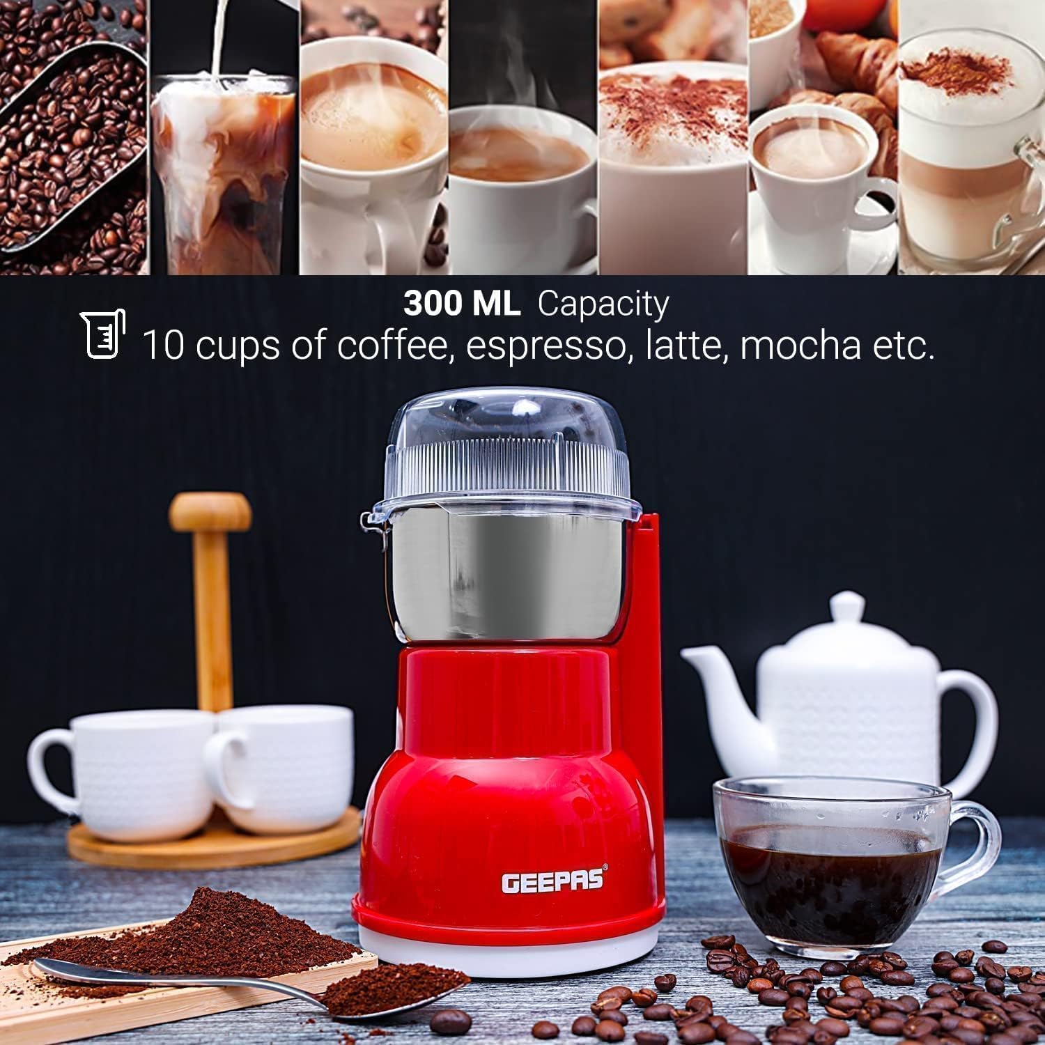 Geepas 150W Electric Coffee Grinder - Stainless Steel Blade |Stainless Steel Cup for Grinding, GCG5440 Overheat Protection | Removable Steel Bowl |2 Year Warranty