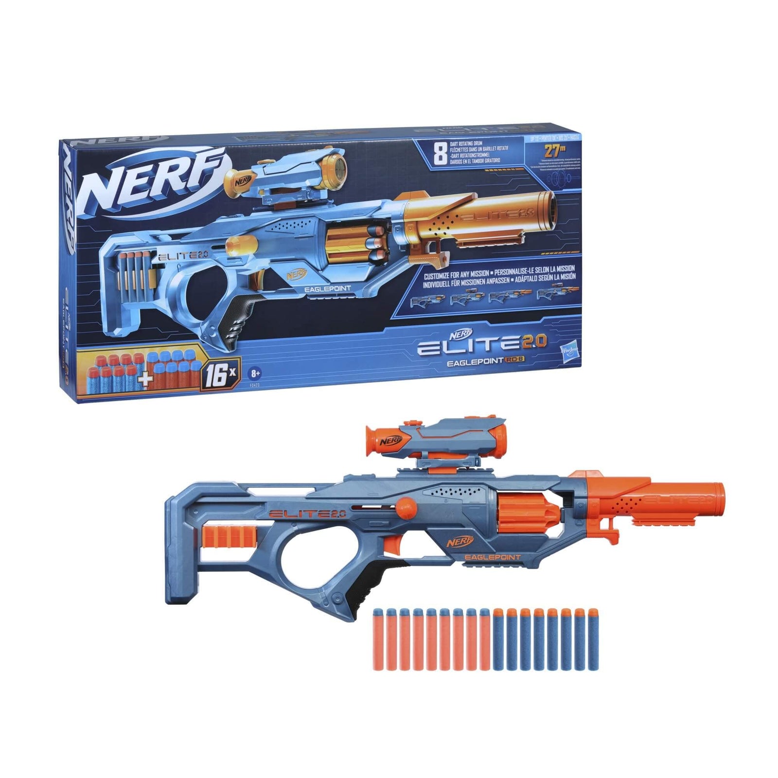 Nerf Elite 2.0 Eaglepoint RD-8 Toy Blaster, With Detachable Scope and Barrel, 16 Nerf Darts, Toy for Kids,Teens and Adults, Outdoor kids toy for boys, birthday gift toy for kids Ages 8+