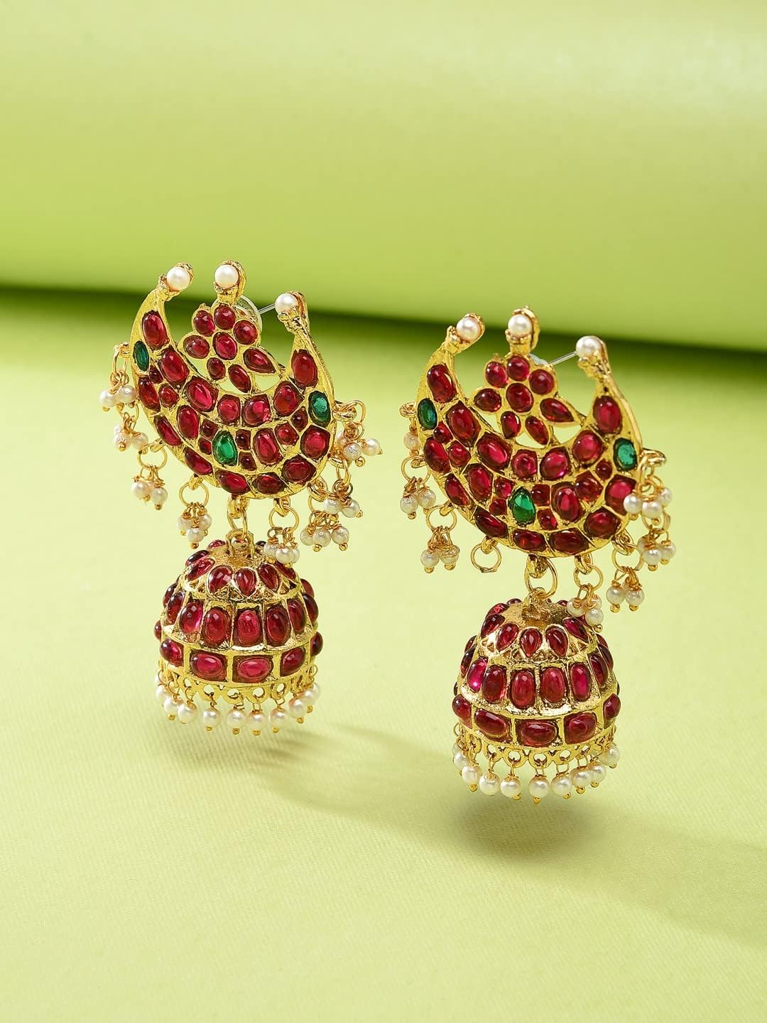 ZAVERI PEARLS Pink And Green Stones Base Metal South Indian Style Traditional Jhumki Earring For Women - Zpfk9526