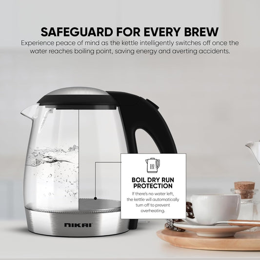 Nikai 1.2L, 2200W Compact, Cordless Electric Glass Kettle Boiler, Automatic Shut Off, Boil Dry Protection, LED Indicator, Integrated Filter, 360° Rotating Base, For Home & Office Use -NK303G