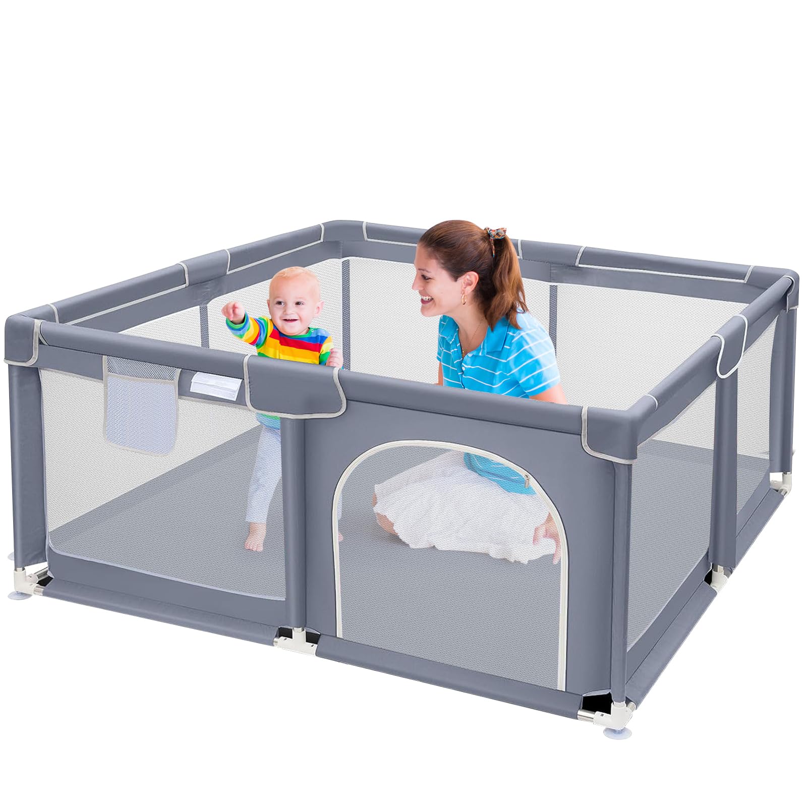 Suposeu Baby Playpen, Playpen for Babies and Toddlers, Indoor & Outdoor Playard for Kids Activity Center, 50”×50” Large Baby Playard with Soft Breathable Mesh, Grey
