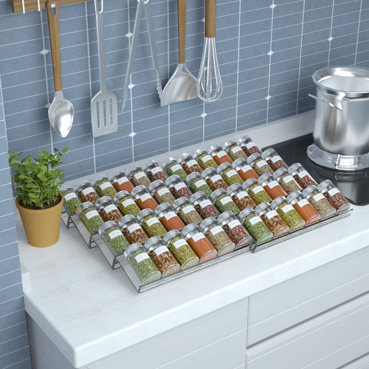 BPA® Adjustable Expandable Acrylic Spice Rack Tray, 4 Tier Spice Drawer Organizer for Kitchen Cabinets, Clear 2 Pack, 39.7x14.2x12.5 cm