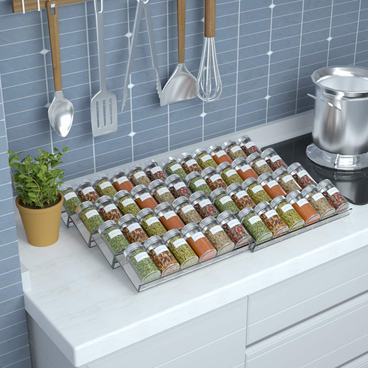 BPA® Adjustable Expandable Acrylic Spice Rack Tray, 4 Tier Spice Drawer Organizer for Kitchen Cabinets, Clear 2 Pack, 39.7x14.2x12.5 cm