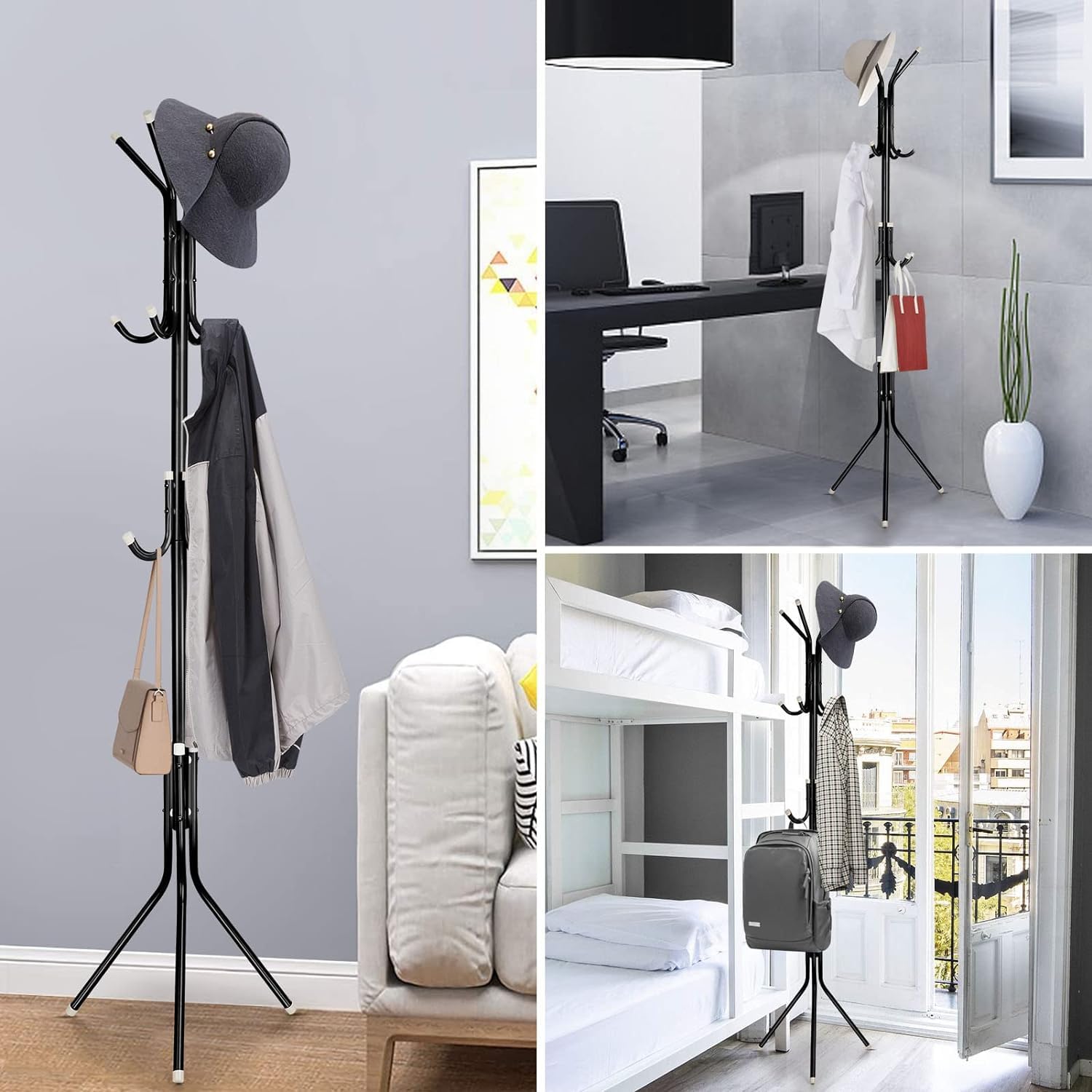 MARKQ Clothes Hanging Stand with 12 hooks Coat Rack for Hat Handbag Scarf Abaya Hijabs Jacket Umbrella Entryway Bedroom Hallway Dormitory Office Cloth Stand Rack, Black