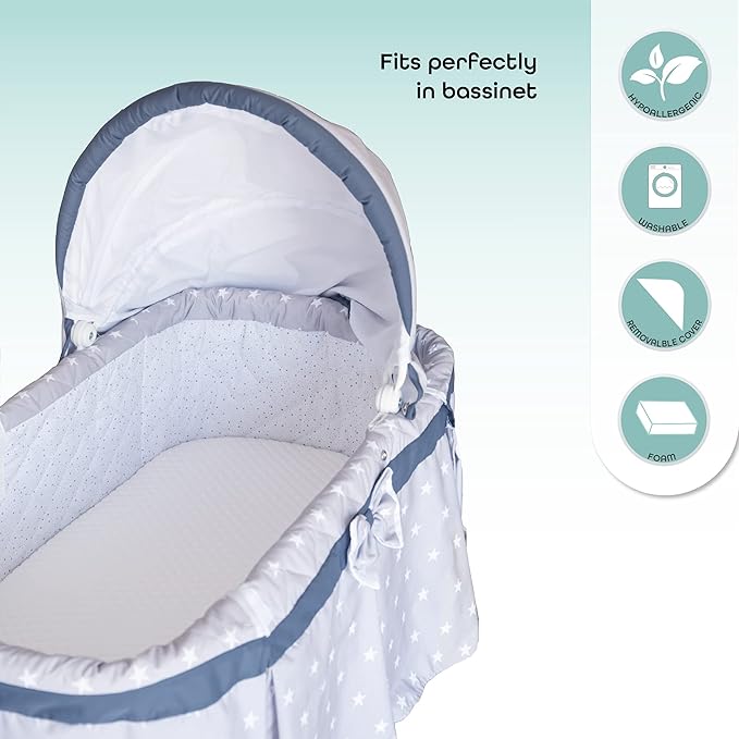 MOON Crib-Stroller/Pram Mattress with Classic Foam Moses/Palm Basket-Noah Pods Pad Anti-Skid/fall Removable/Washable Cover- 81 x 43 x 3 cm