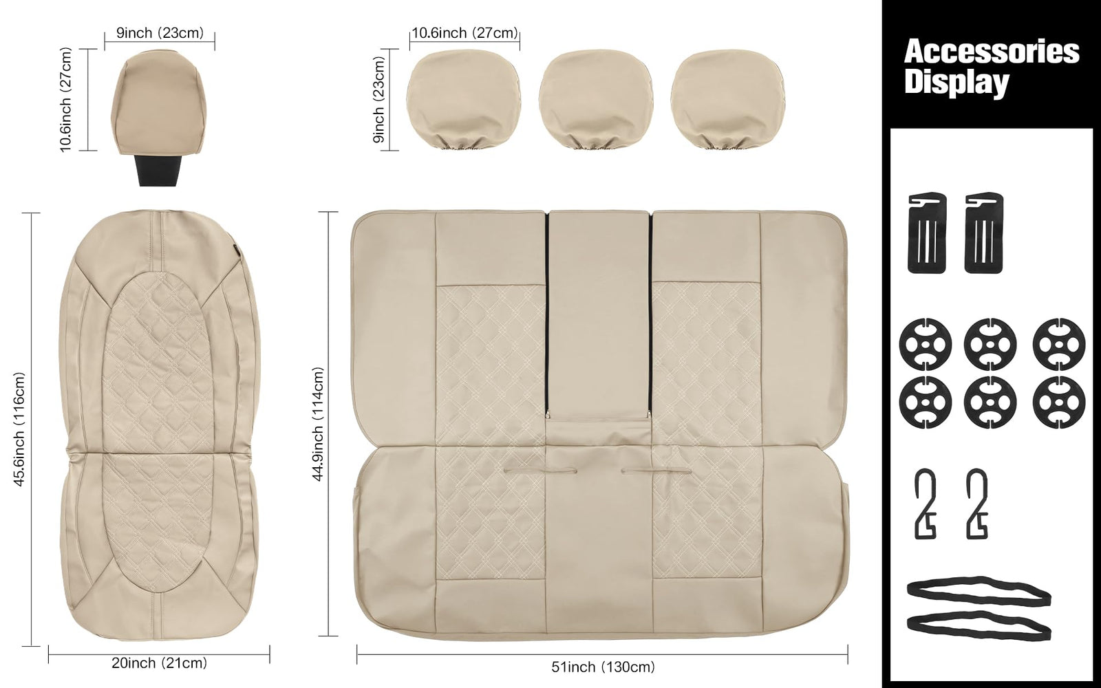 CAROMOP Luxury Leather Car Seat Covers Full Set-Waterproof Seat Protectors with Split Bench Seat Covers for Cars-Universal Cars Interior Covers for Sedans, SUVs, Pick-up Trucks(Beige/Beige Line)