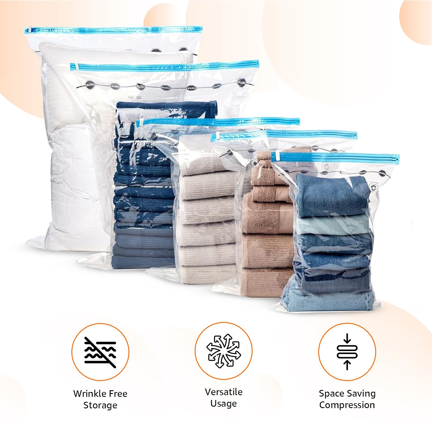 Amazon Basics Vacuum Compression Zipper Storage Bags with Airtight Valve and Hand Pump, 3x (Jumbo, Large, Medium, Small), 12-Pack, Multiple, Clear