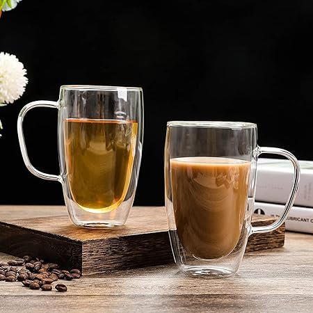 1CHASE® Double Walled Glass Coffee Cups, Set of 2 Large Glass Tea Cup with Handle, 450ml Tall Insulated Coffee Mugs Perfect for Cappuccino, Macchiato, Latte, Tea, Juice, Iced & Hot Beverages