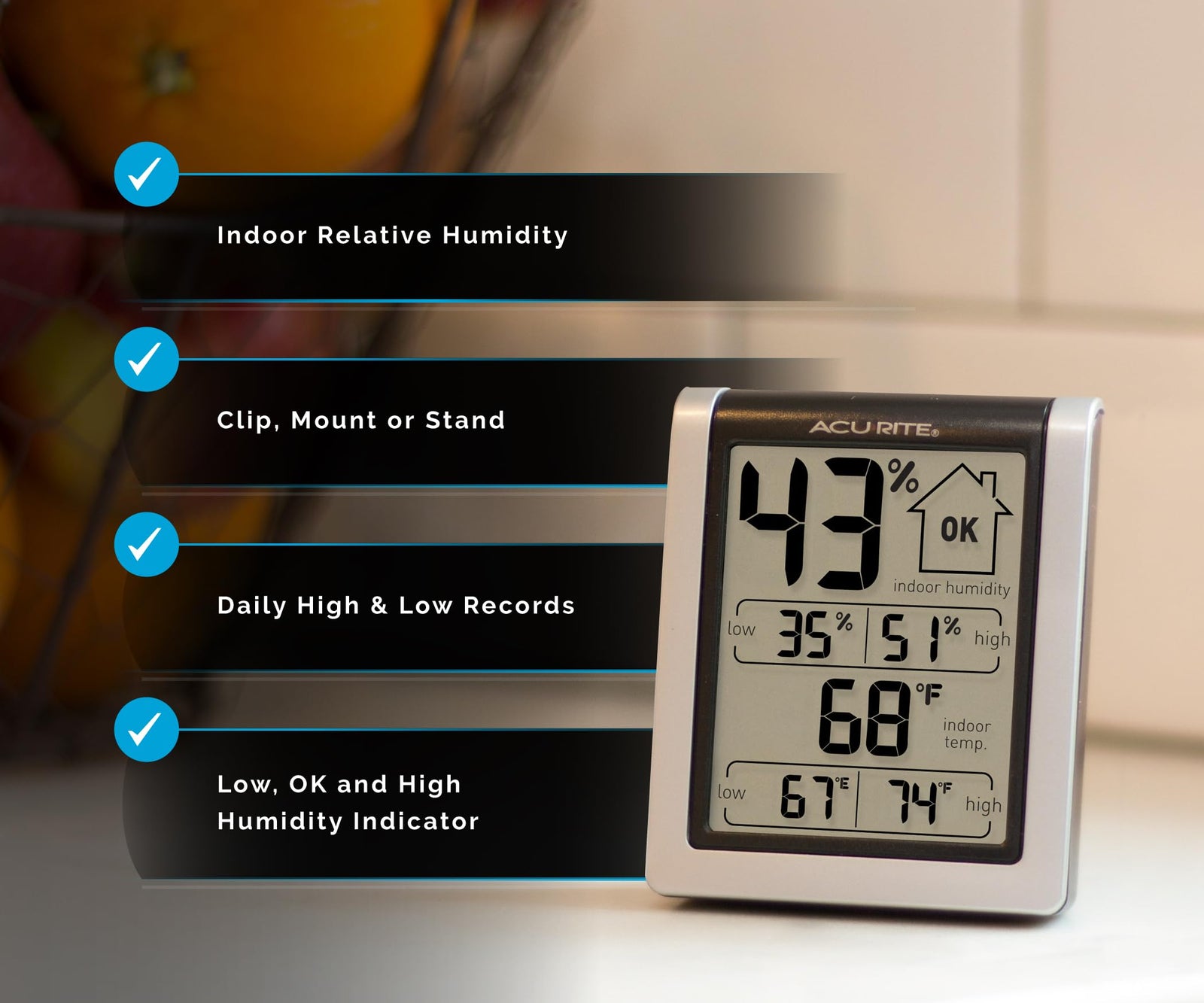 Acurite 00613 Digital Hygrometer & Indoor Thermometer Pre-Calibrated Humidity Gauge, 3