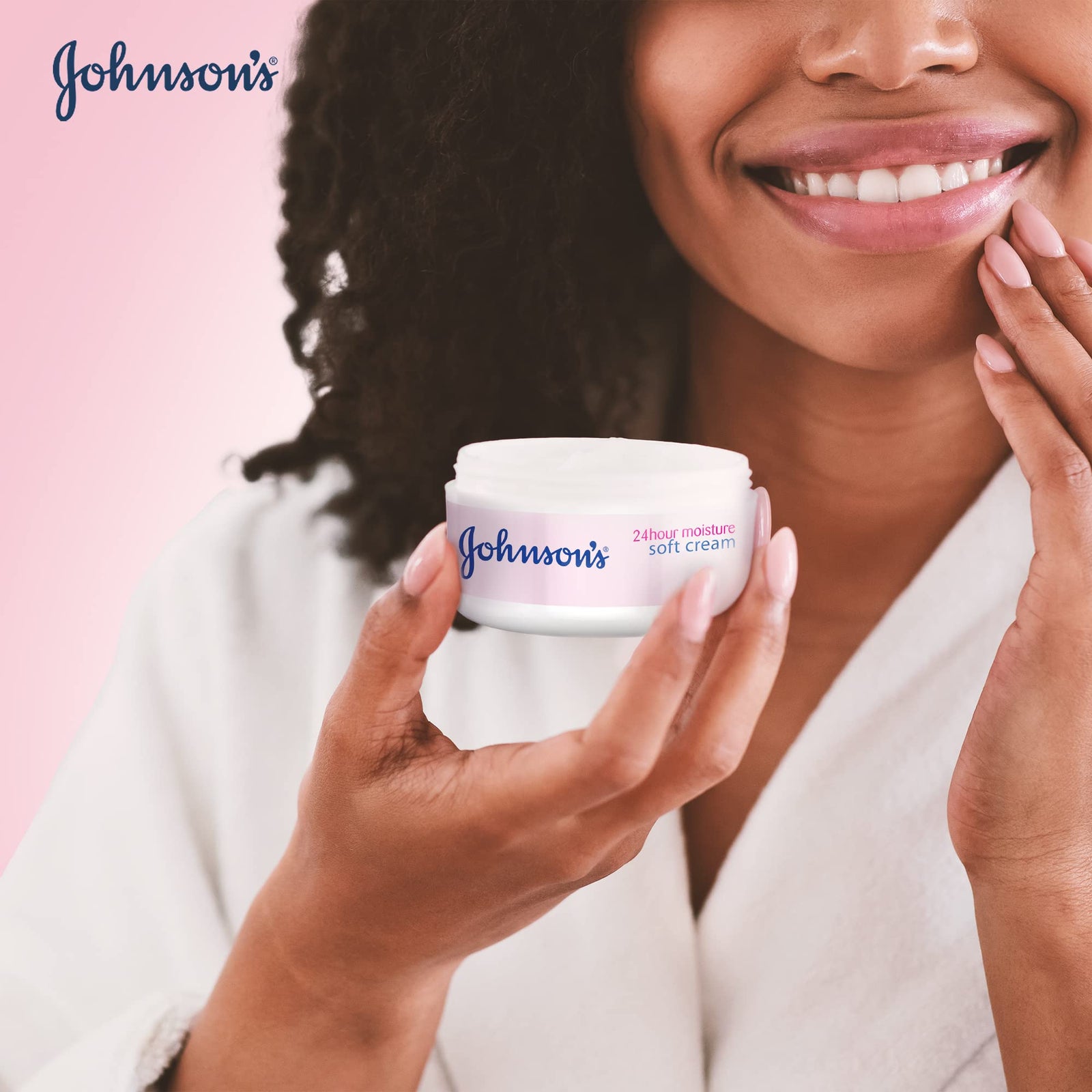 Johnson's 24 Hour Moisture Body Cream, a gentle and hydrating soft formula designed to reduce skin tightness, flakiness, and dullness, providing long-lasting comfort and a healthy glow, 300ml.