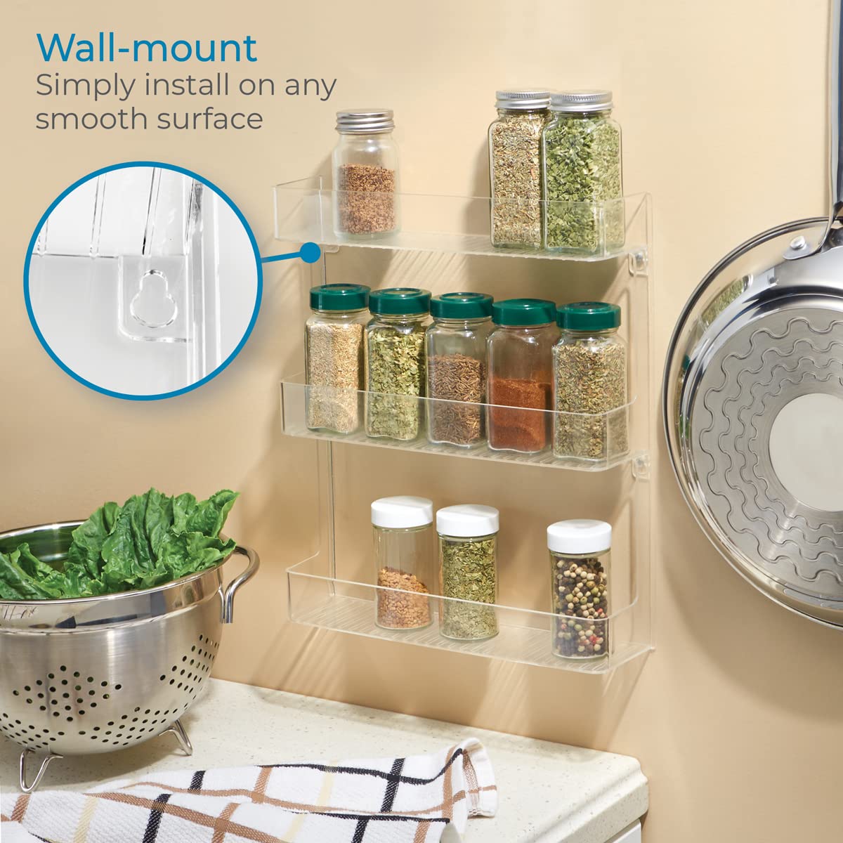 iDesign Linus Plastic Wall Mount Spice Organizer Rack for Spices, Tea, Sauces, and Baking Supplies in your Kitchen or Pantry, Clear