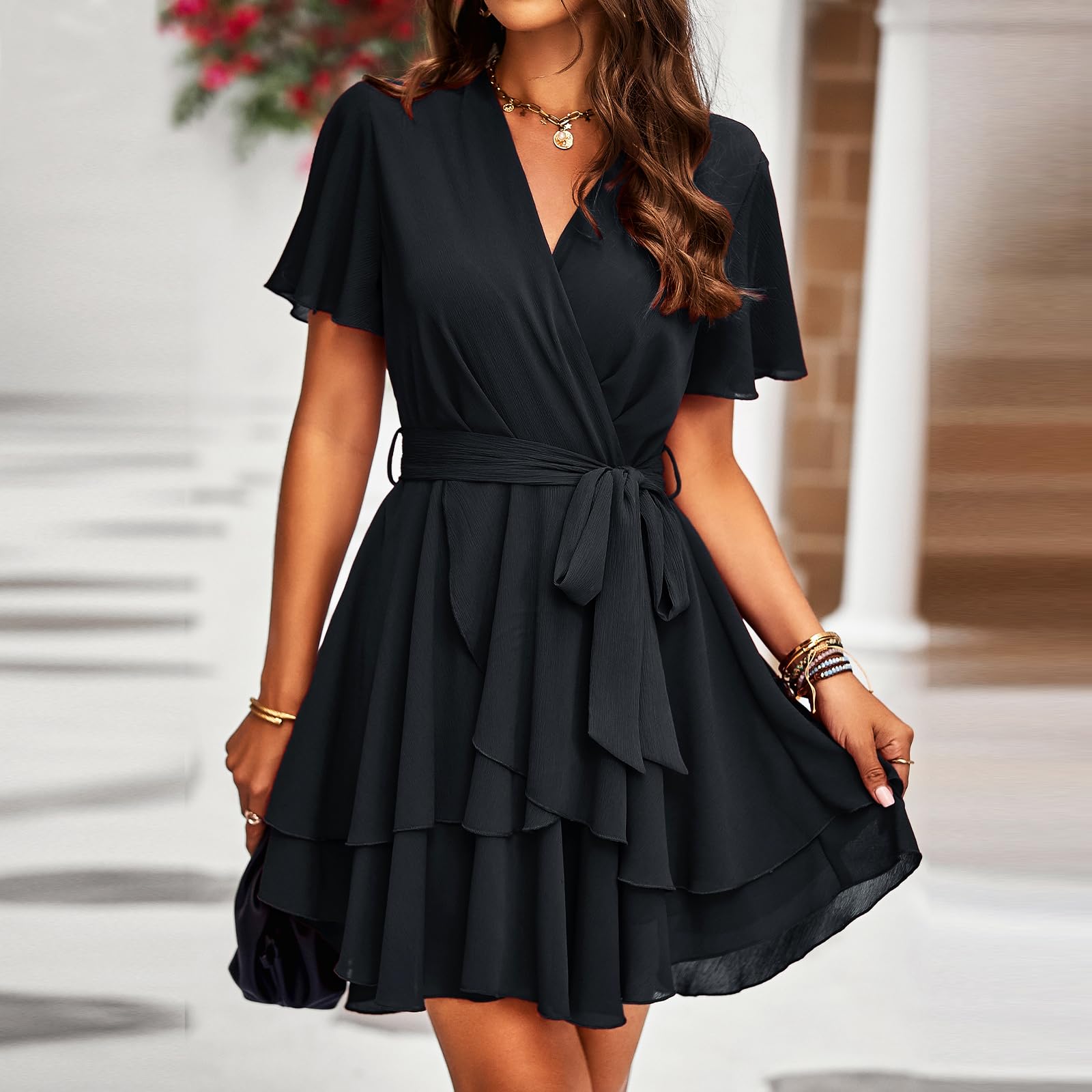 TcIFE Women's Casual Dress Deep V-Neck Short Sleeve Waist Tie Ruffle Chiffon Elegant Mini Short Swing Skater Dresses
