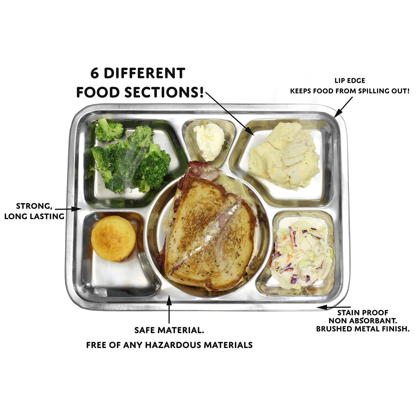 BLACKSTONE Stainless Steel Divided Plate, Dinner Snack Serving Plate with 6 Compartment, Metal Food Trays for Kids, Adults, Camping, Diet Food Portion Control, Picky Eaters