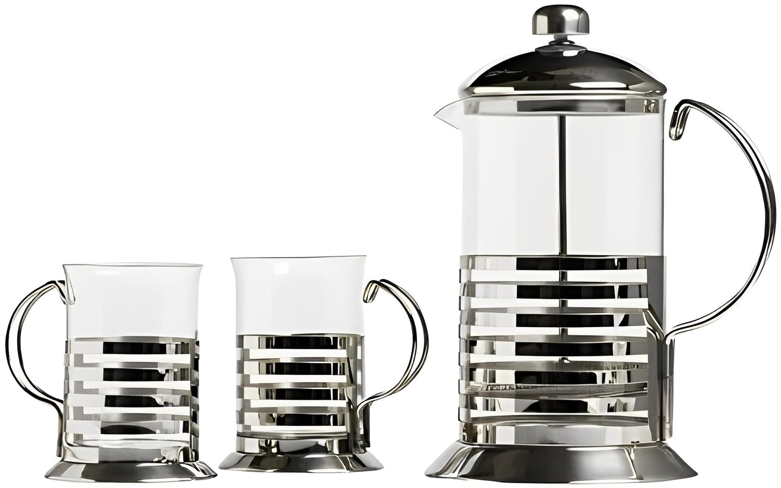 ECVV Coffee Plunger French Press Coffee and Tea Maker 600ml with 2 Cups 200ml, Borosilicate Glass Coffee Press, Stainless Steel Filter, Durable and Heat Resistant, Silver|600ml + 2x200ml|