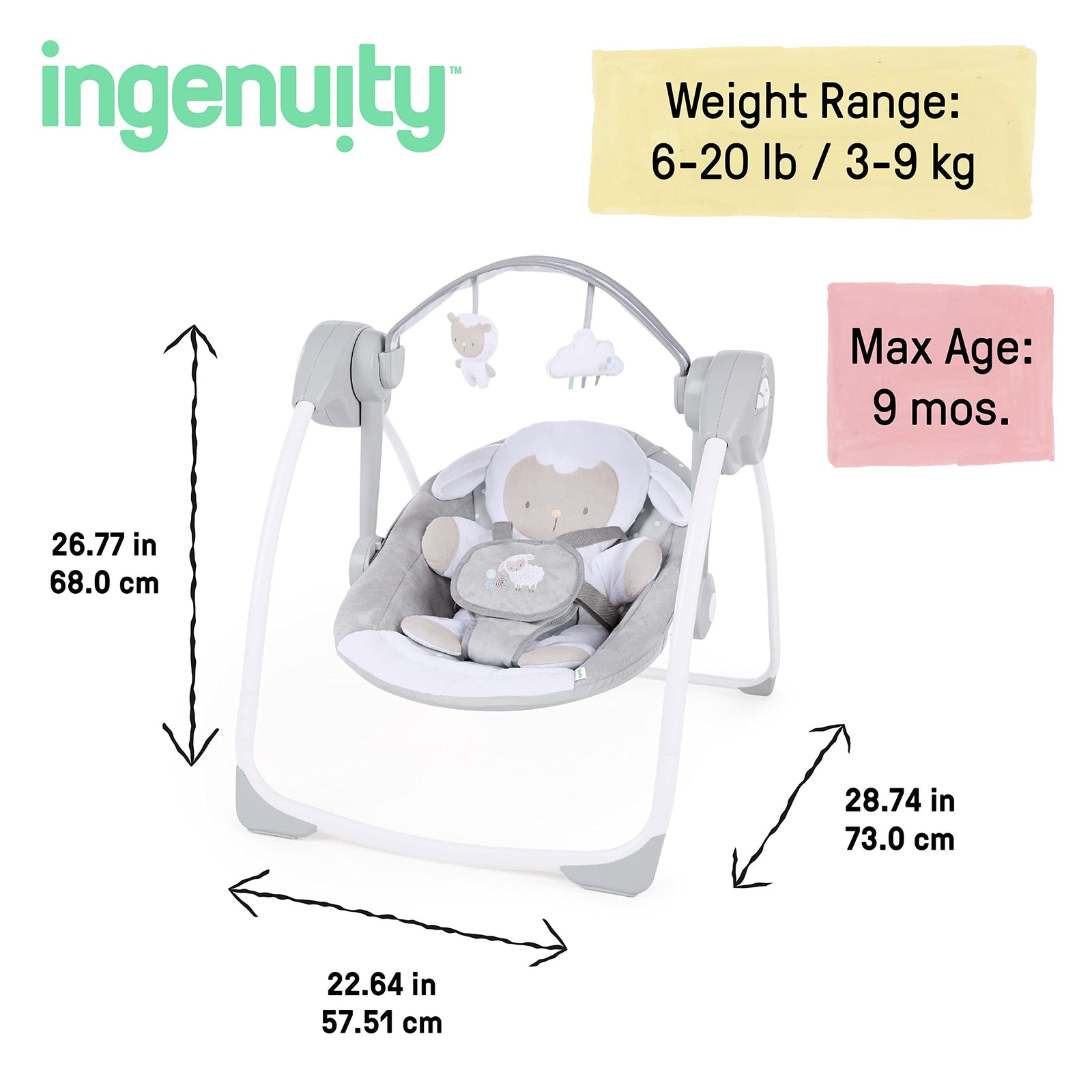 Ingenuity Comfort 2 Go Compact Portable Baby Swing, Cuddle Lamb