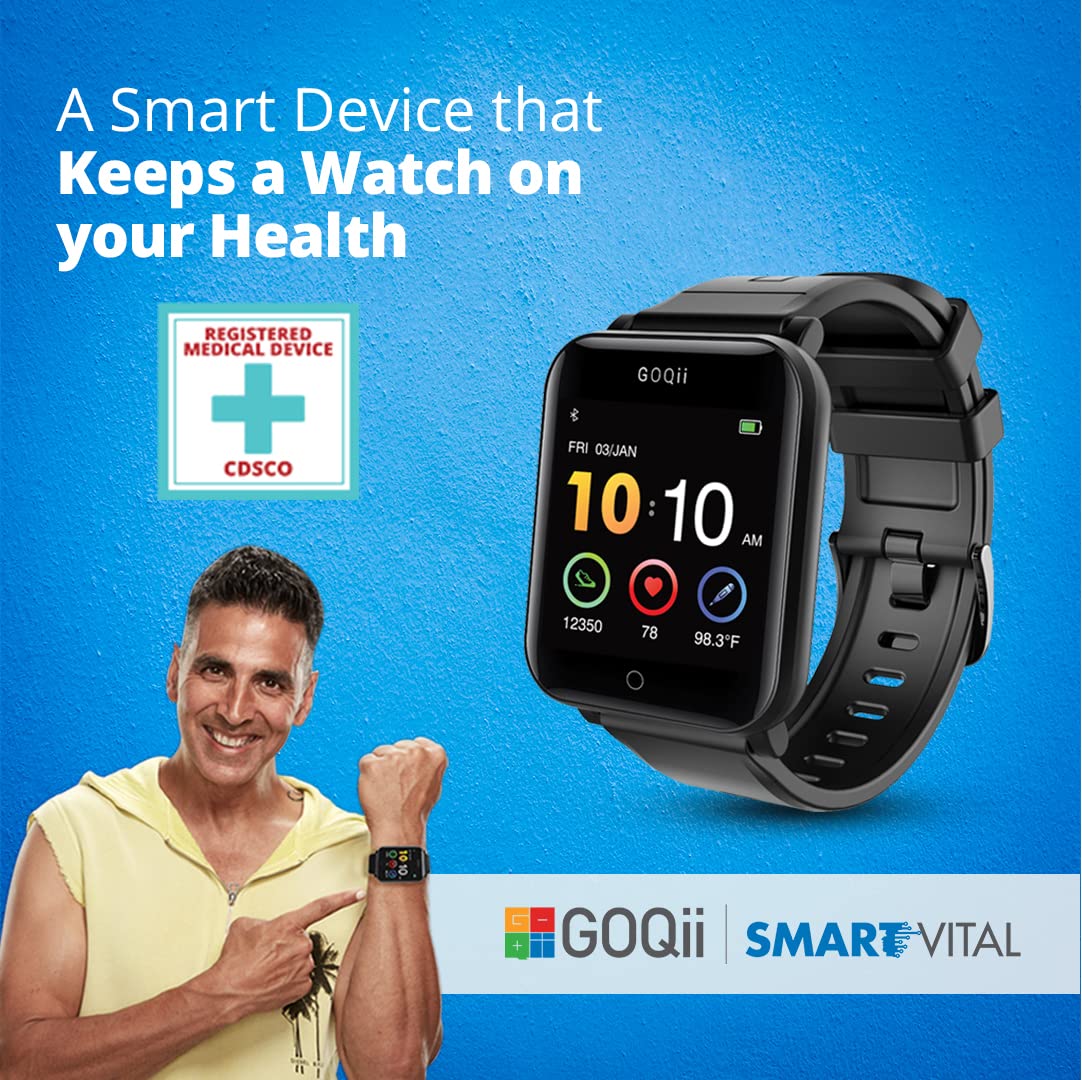 Goqii Smart Vital Fitness Spo2, Body Temperature And Blood Pressure Smartwatch Regular With 3 Months Personal Coaching, Black (Designed In California)