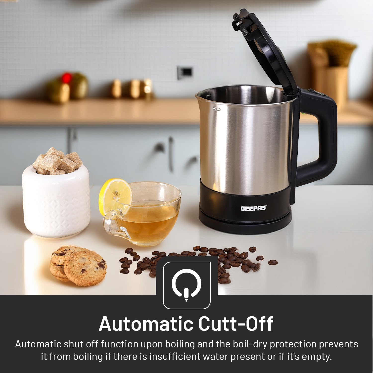 Geepas GK5418 1350W Travel Electric Kettle - Stainless Steel Housing, Boil-Dry & Overheat Protection |Boiler for Hot Water, Tea & Coffee | 1.0L