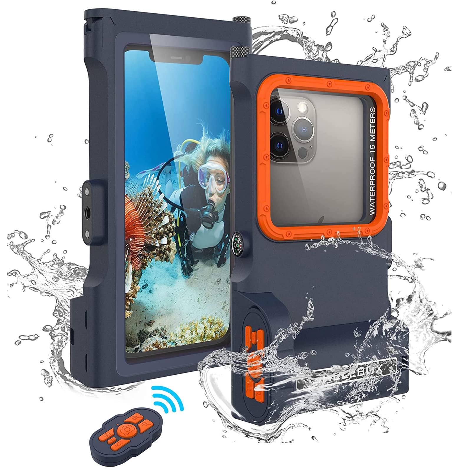 Underwater Snorkeling Diving Waterproof Phone Case for iPhone Samsung Galaxy LG Huawei Series Smartphone Below 6.7inch Universal, Bluetooth Connection Control Cameras Zoom Video with APP (Blue-Orange)