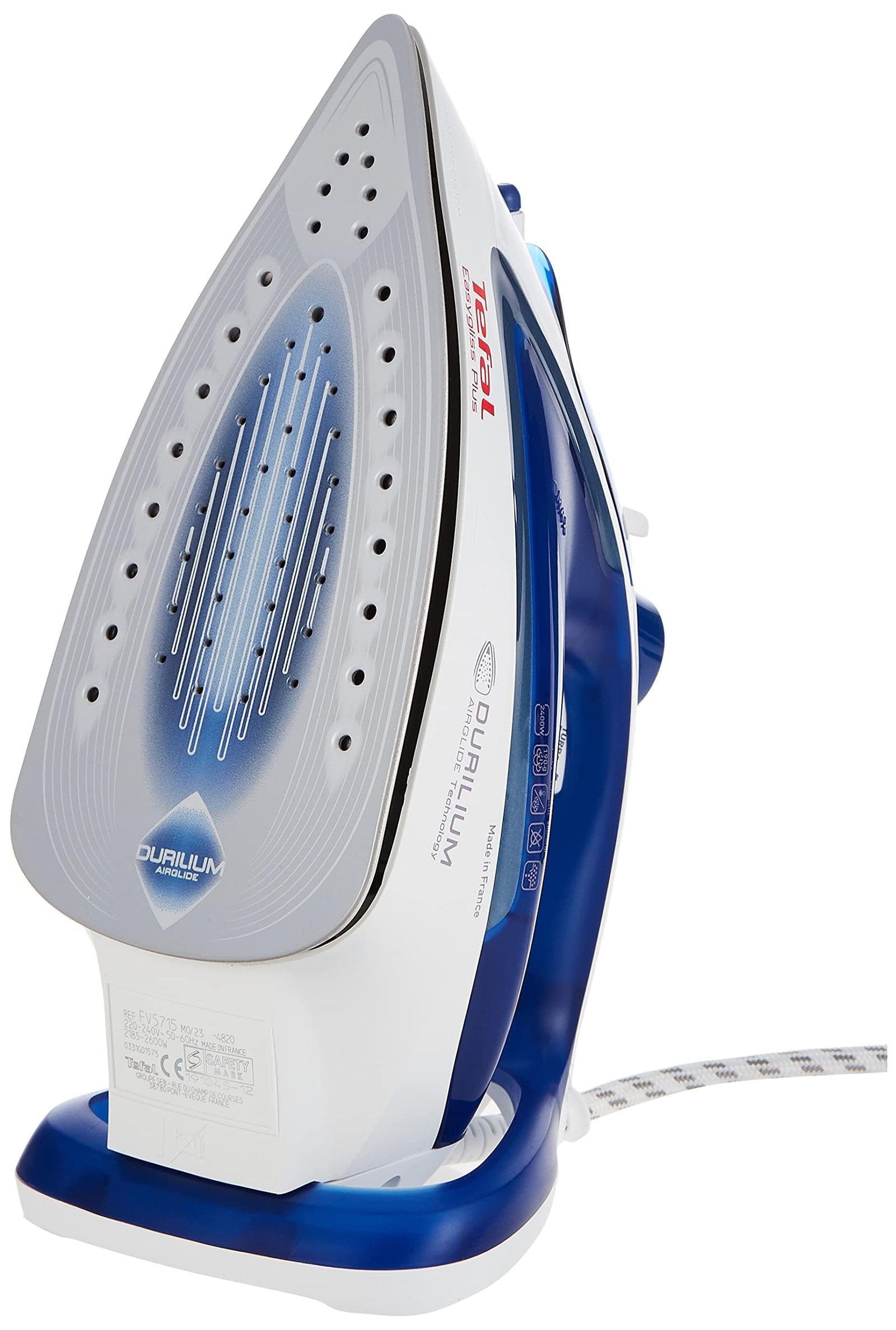 Tefal Easygliss Durilium Airglide Soleplate Steam Iron, 2400 Watts, Blue/White, FV5715M0