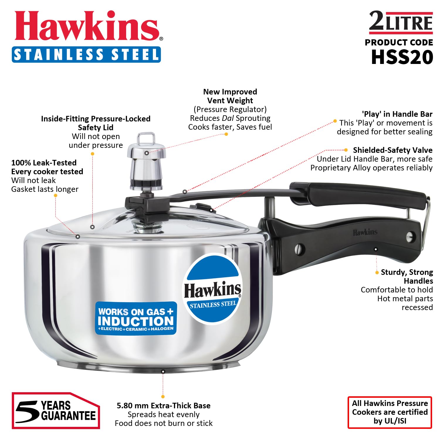 Hawkins Stainless Steel Induction Compatible Inner Lid Pressure Cooker, 2 Litre, Silver (HSS20)