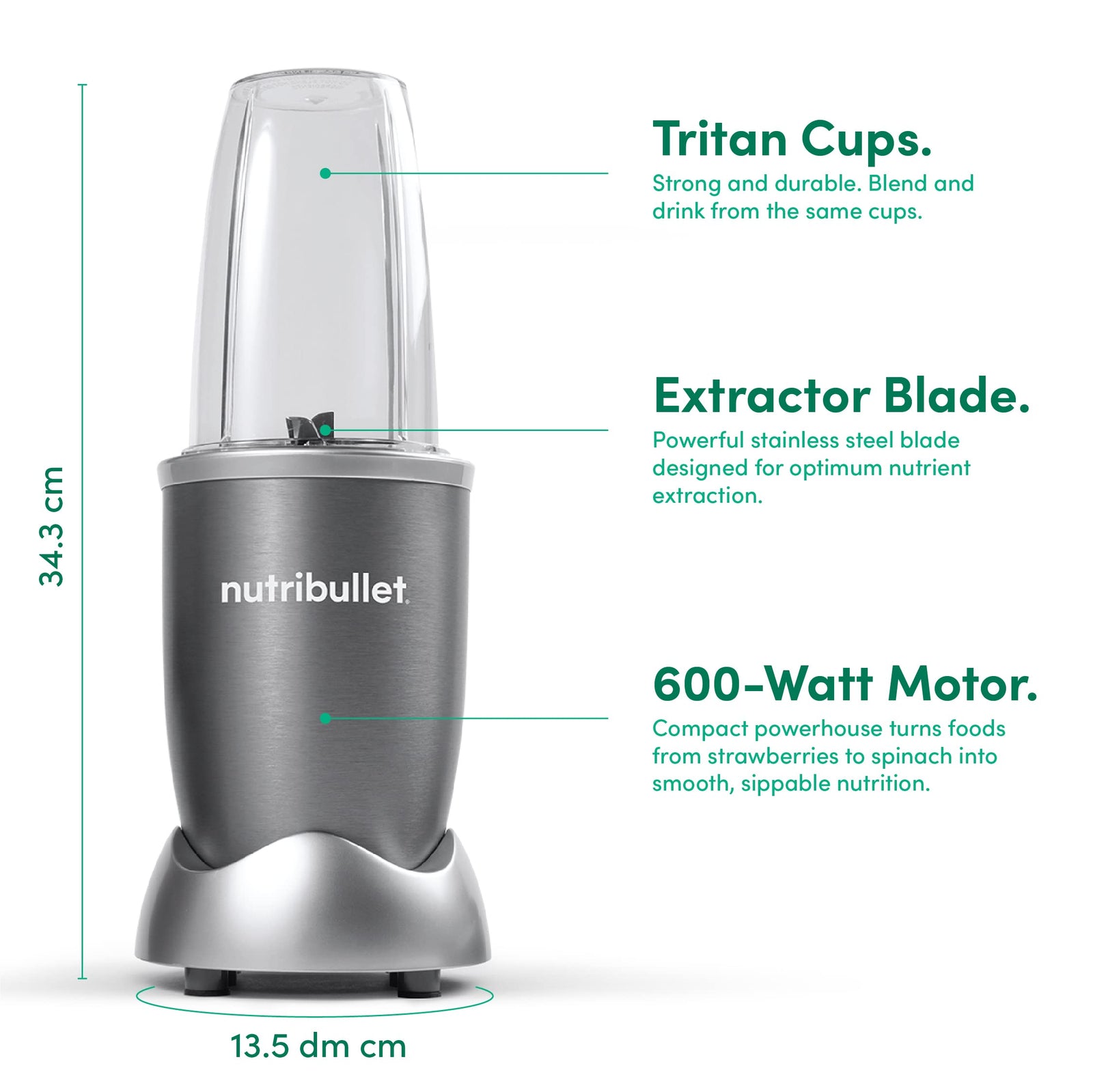 NutriBullet 600 Watts, 9pc Accessories,, Multi-Function High Speed Blender, Mixer System With Nutrient Extractor, Smoothie Maker, Grey, NBR-1212M