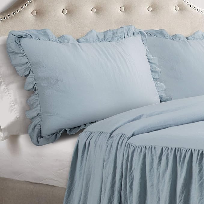 Lush Decor Ruffle Skirt Bedspread Set - 3 Piece Luxurious Farmhouse Bedding Set - Elegant, Charming Ruffle Detail - Timeless Style & Classic Design - Soft and Lightweight - Queen, Lake Blue