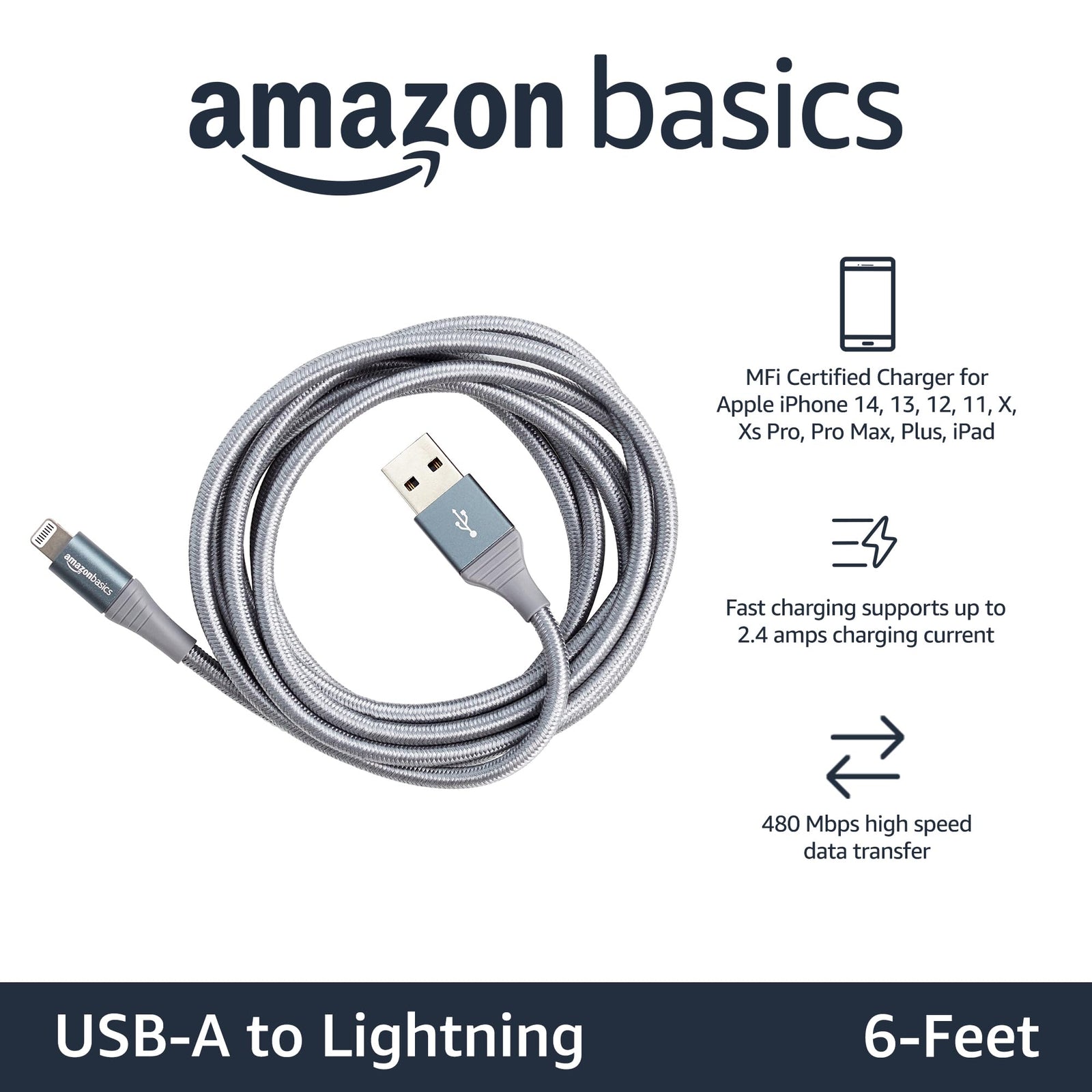 Amazon Basics iPhone Charger Cable, Nylon USB-A to Lightning, MFi Certified, for Apple iPhone, iPad, 10,000 Bend Lifespan - Dark Gray, 6 Foot (2M), 2-Pack