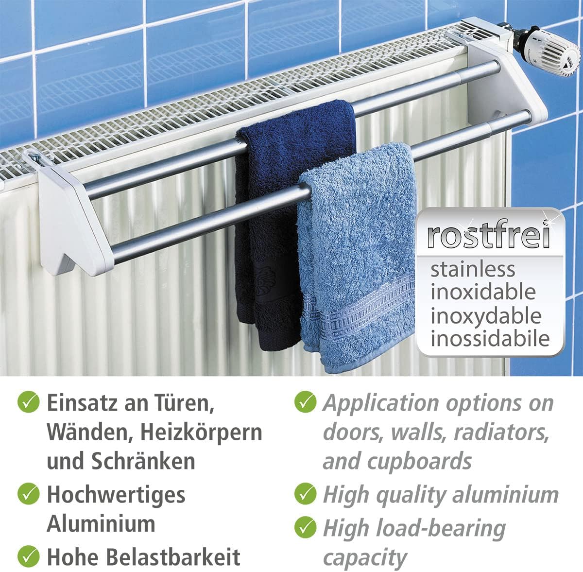 WENKO Standard Radiator Clothes Dryer, Aluminium, Extendable, Indoor & Outdoor Portable, Home Laundry Helper, 62-110x11.5x13cm, Aluminium