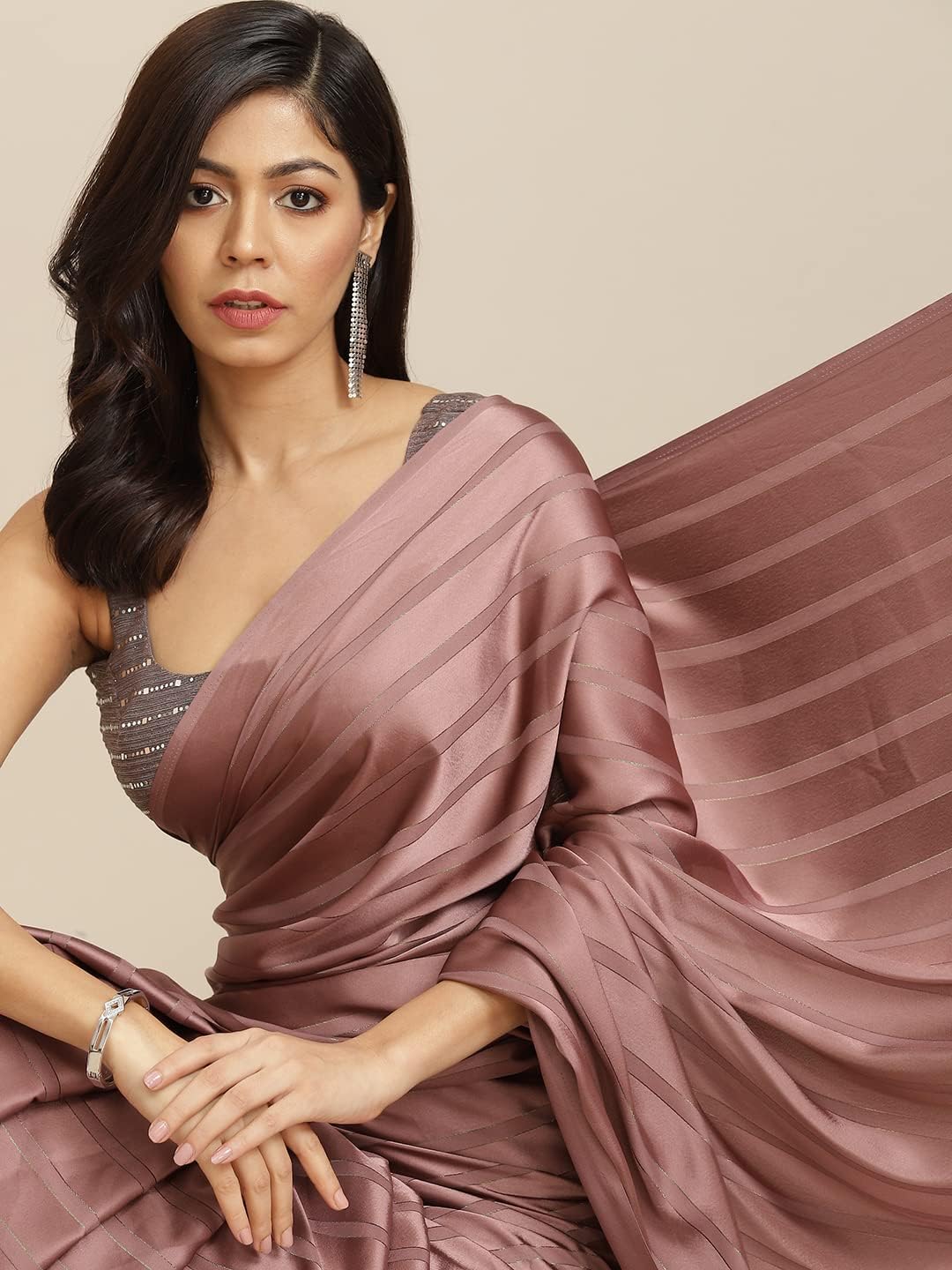 Womanista Women's Satin Striped Saree With Un-stitched blouse