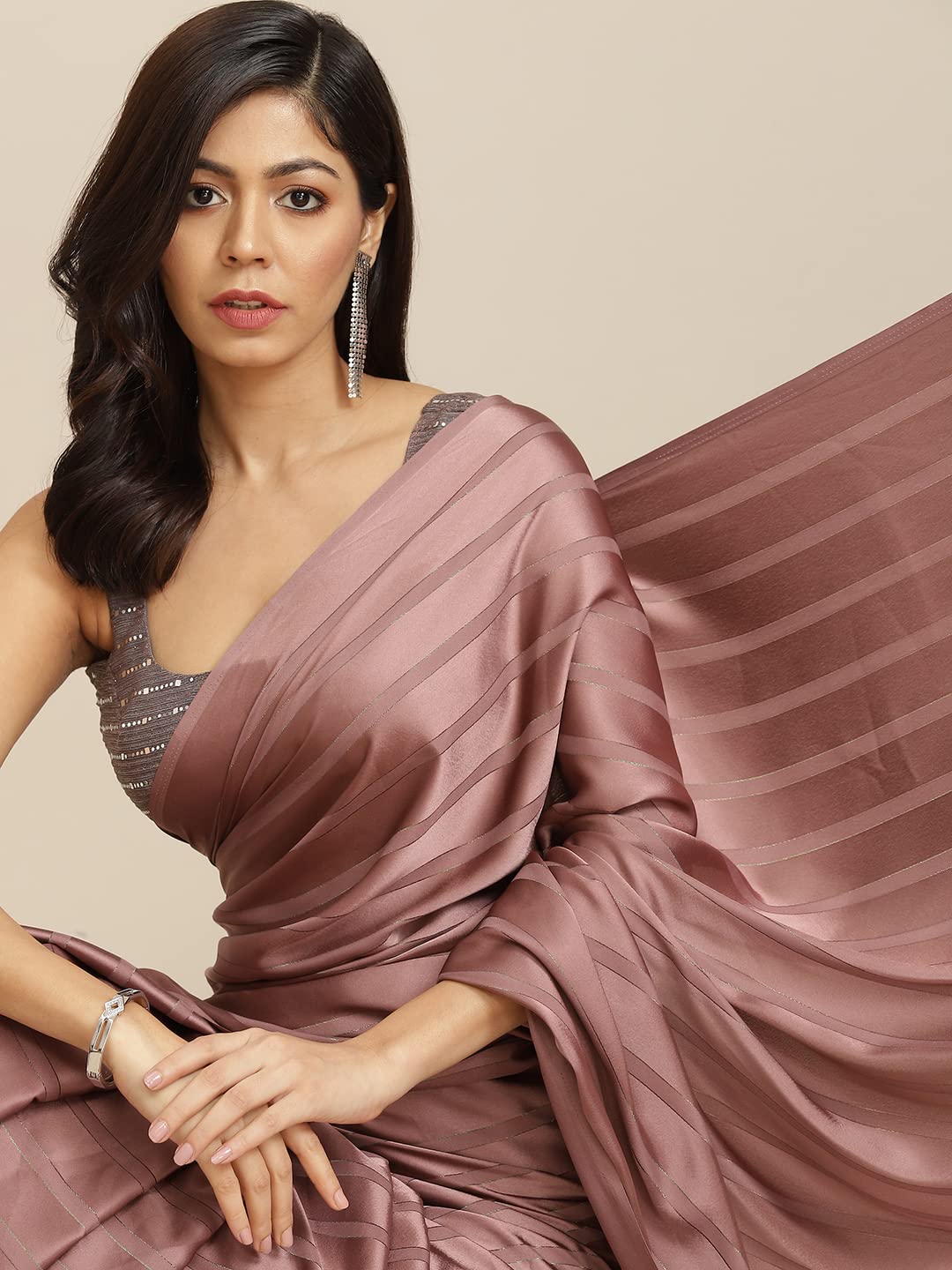 Womanista Women's Satin Striped Saree With Un-stitched blouse