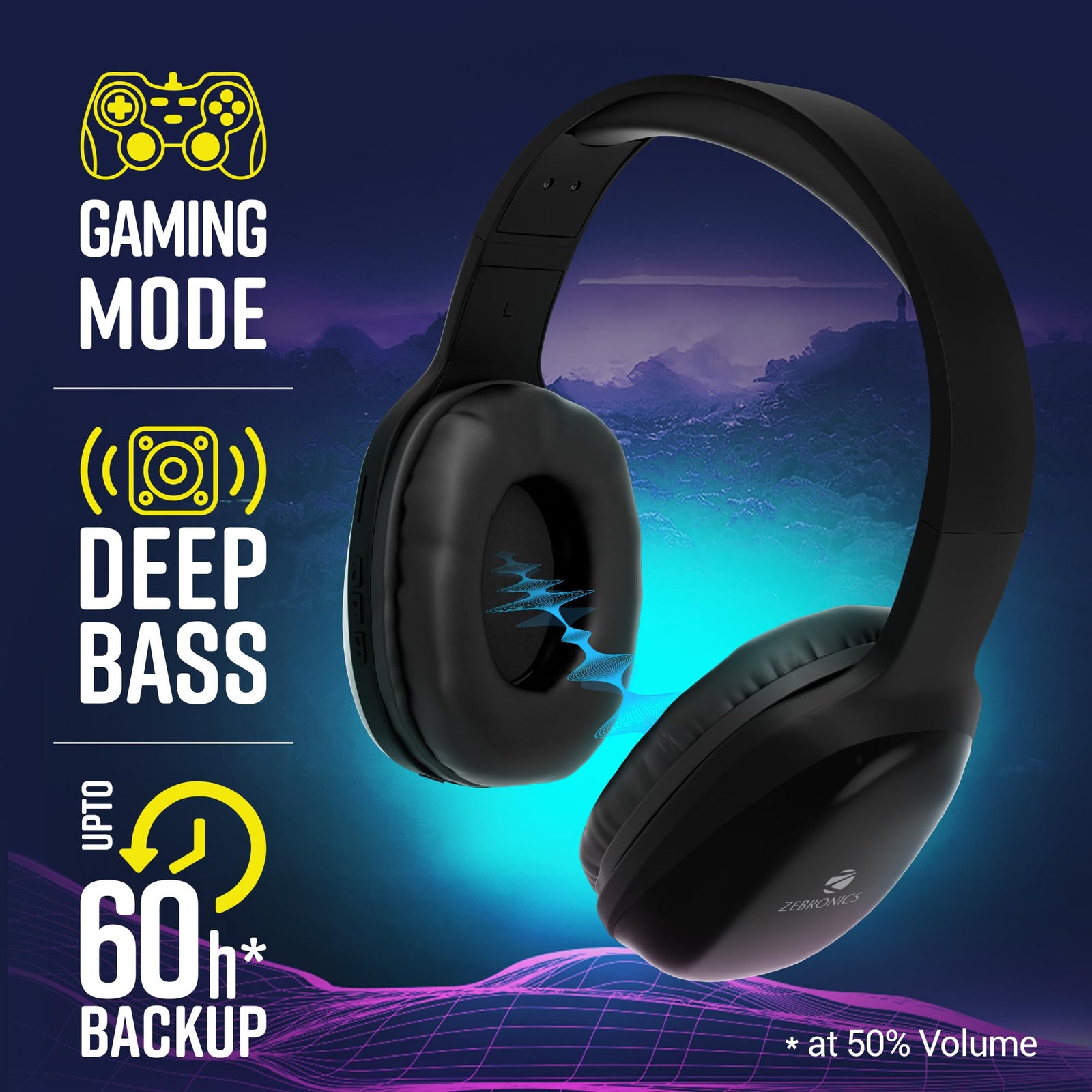 Zebronics Zeb-Thunder PRO On-Ear Wireless Headphone with BTv5.0, Up to 21 Hours Playback, 40mm Drivers Deep Bass, Wired Mode, USB-C Type Charging(Black)
