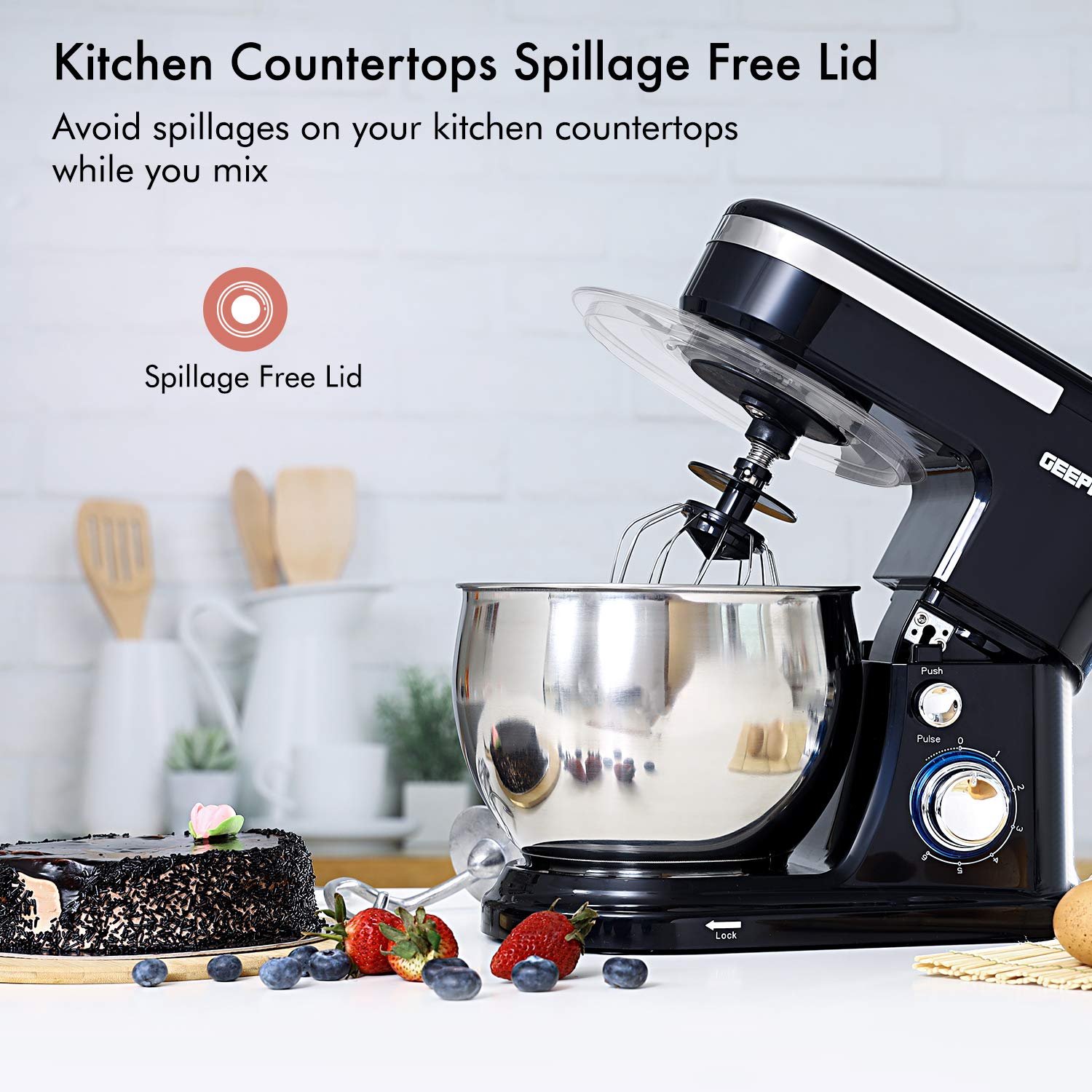 Geepas 5L Food Stand Mixer | 1000W Stainless Steel Mixing Bowl & Splash Guard | 6 Speed With Pulse & Balloon Whisk Flat Beater & Dough Hook | 2 Years Warranty, Black, Gsm43038UK