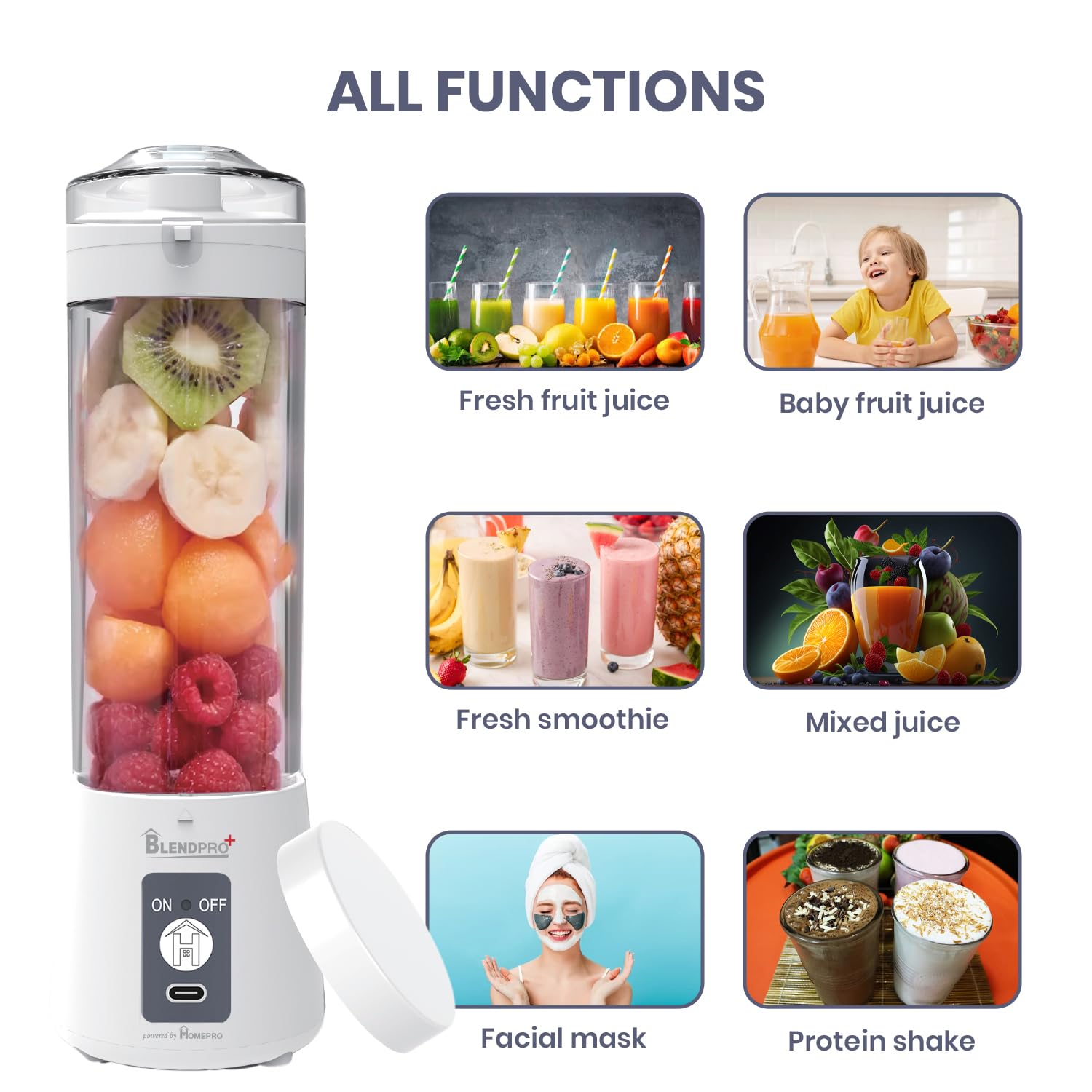 HOMEPRO Better Value for Better Living Blendpro Plus Portable Juicer Blender Shakes & Smoothies Fresh Juice Blender with 400ml White