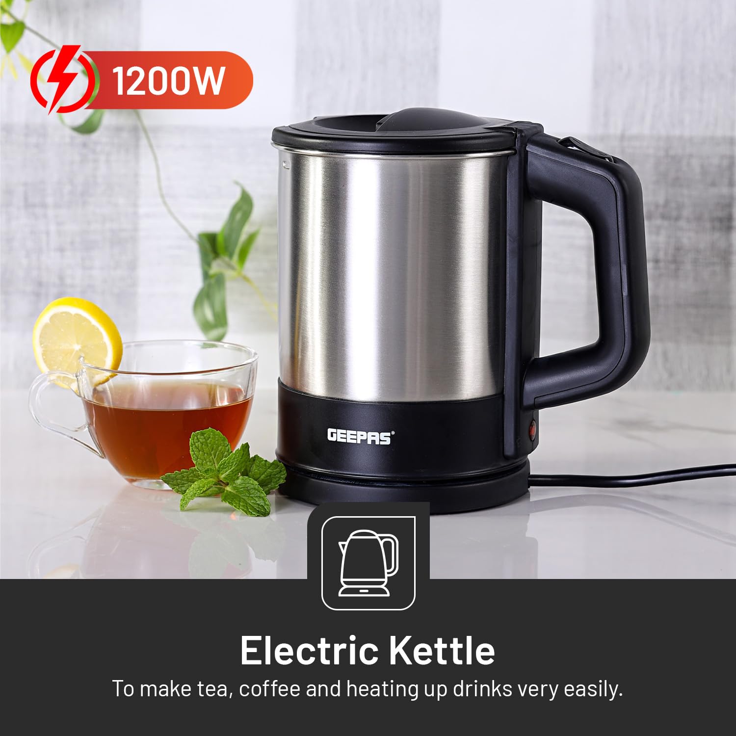Geepas GK5418 1350W Travel Electric Kettle - Stainless Steel Housing, Boil-Dry & Overheat Protection |Boiler for Hot Water, Tea & Coffee | 1.0L