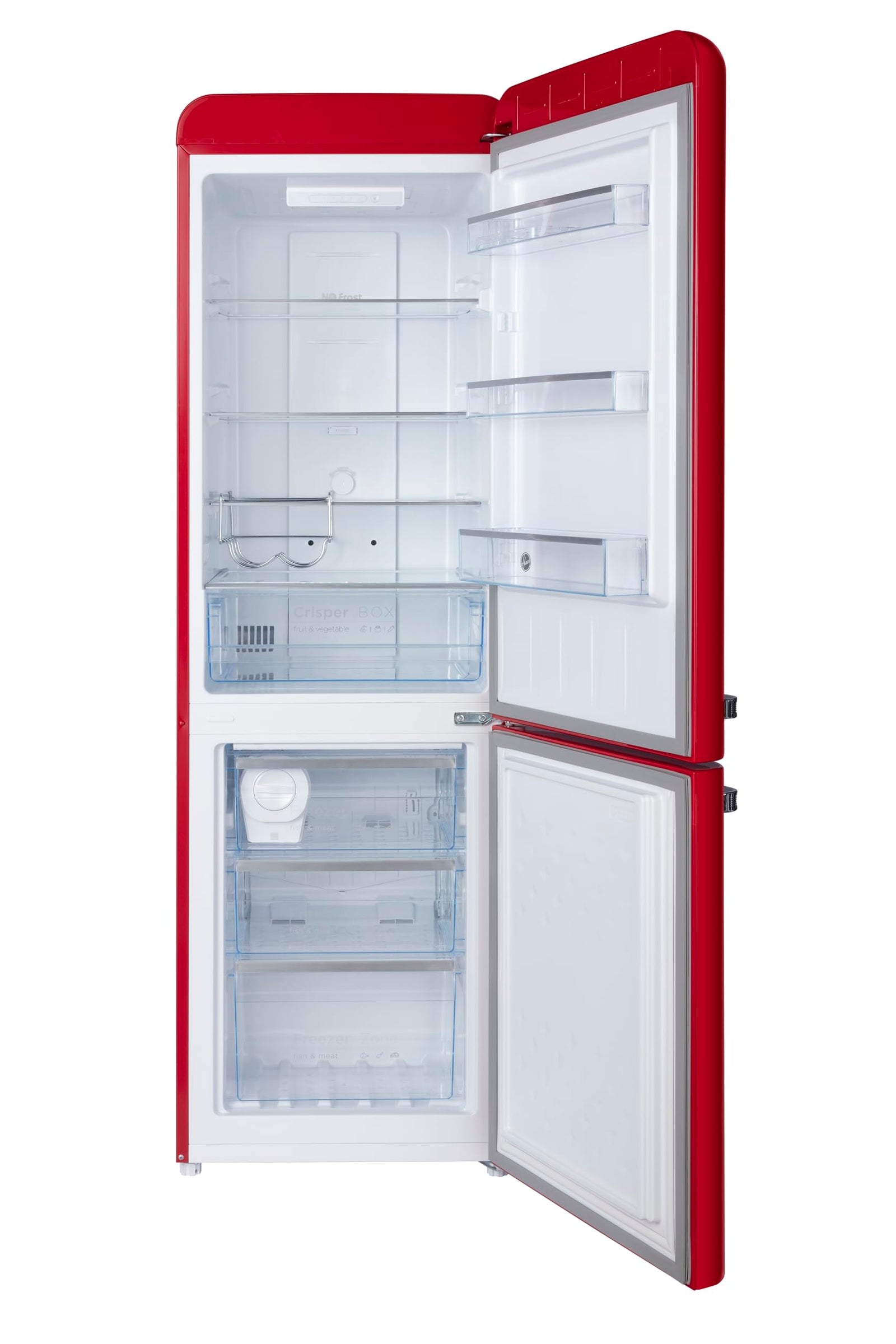 Hoover 300L Bottom Mount Retro Style Refrigerator, Total No Frost Design, Metal Texture Handle, Electronic Control & LED Light, Silver Strip & Ice Twister, 1 Year Warranty,Red - HBR-M300-RR