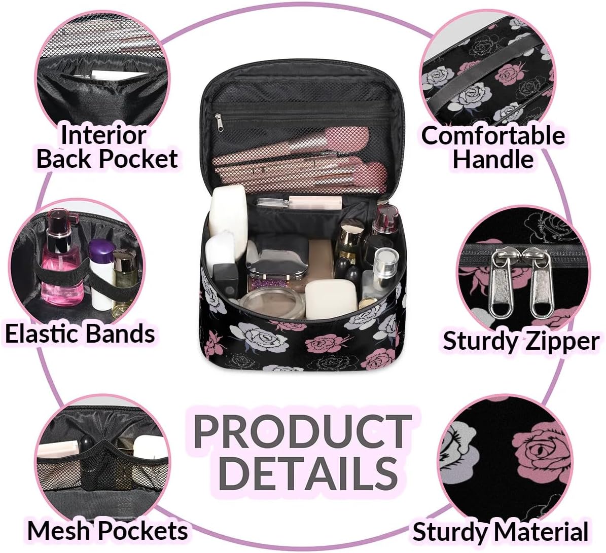 lakefvgk Travel Makeup Bag, Rose Cosmetic Bag for Women Girls, Portable Large Toiletry Bag Case Organizer for Toiletries Accessories Brushes