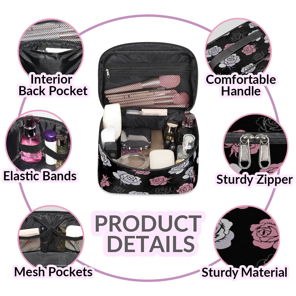 lakefvgk Travel Makeup Bag, Rose Cosmetic Bag for Women Girls, Portable Large Toiletry Bag Case Organizer for Toiletries Accessories Brushes