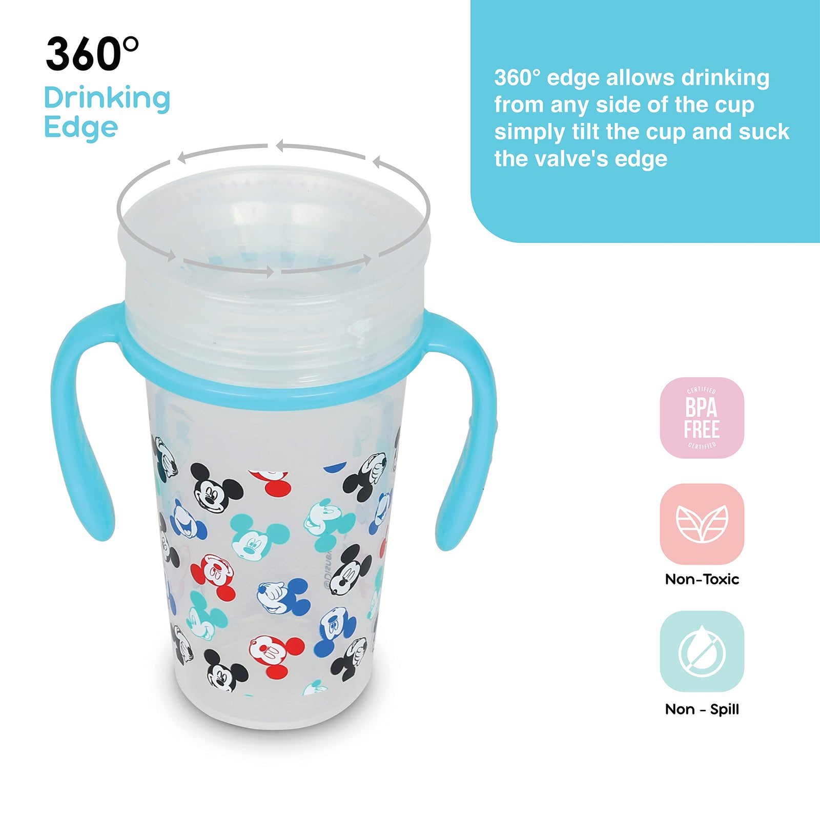 Disney Mickey Mouse 360 DEGREE Double Handle Training Sipper With Lid Spout & Straw, Spill Proof Sippy Cup With Handle, Learner Cup, 6+ Months, 5 Ounce, Multicolor, TRHA7895, Disney Sippy Cup