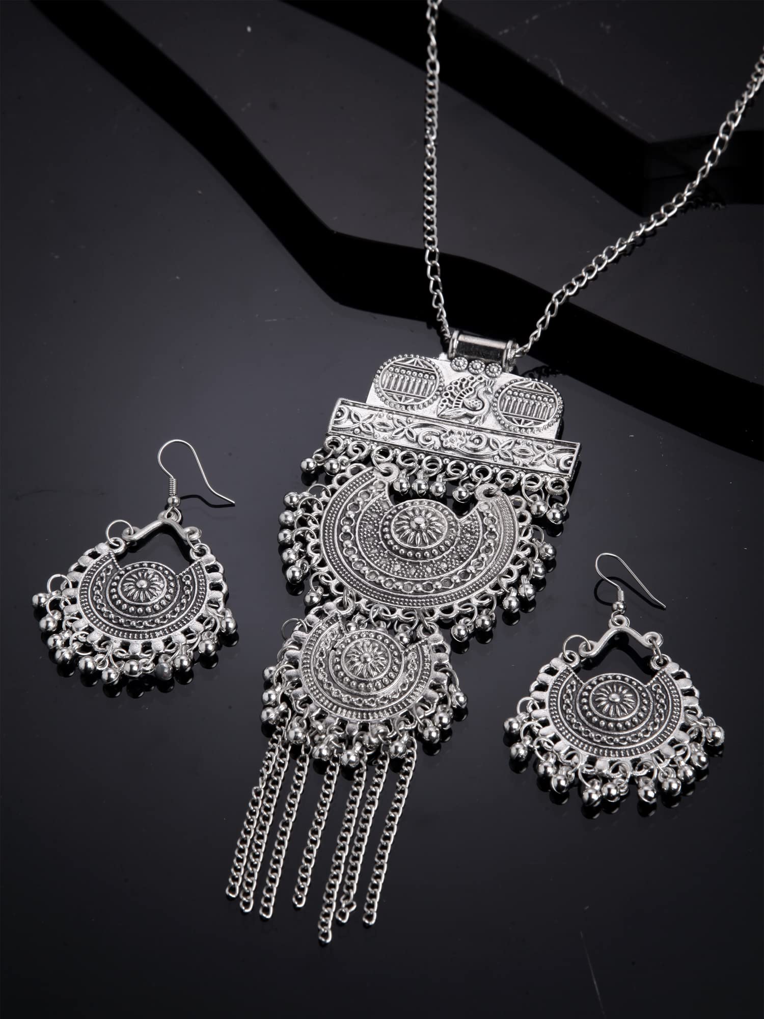 Shining Diva Fashion Latest Stylish Traditional Oxidised Silver Necklace Jewellery Set for Women (13174s), One Size