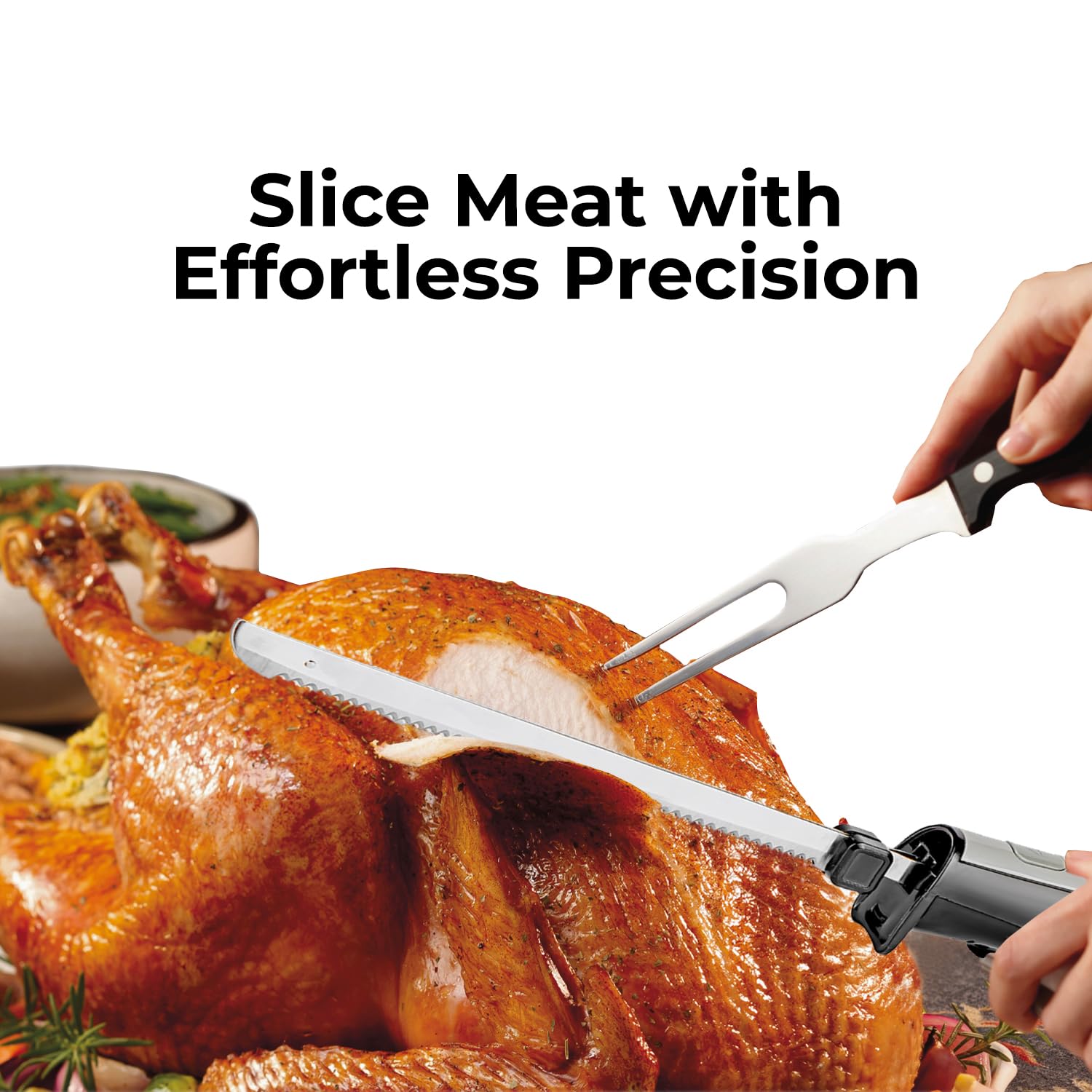 Geepas 150W Electric Knife – Serrated Carving Knife - Can Cut Turkey, Meat, Bread, Vegetables, Fruits, Ham, and Cooked Beef – Single Start Button & Eject Button – (Black & Grey)