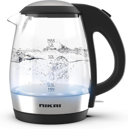 Nikai 1.2L, 2200W Compact, Cordless Electric Glass Kettle Boiler, Automatic Shut Off, Boil Dry Protection, LED Indicator, Integrated Filter, 360° Rotating Base, For Home & Office Use -NK303G