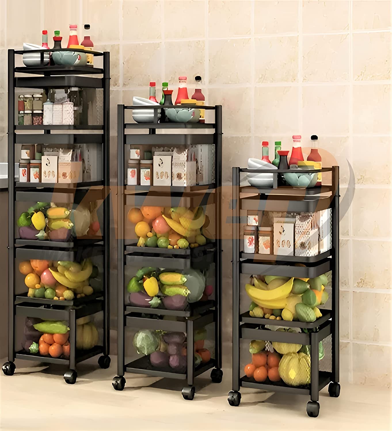 JSAAH Kitchen Rotating Fruit & Vegetable Basket Portable Storage Rack Rotationg Storage Kitchen Trolley of Fruits & Vegetable Kitchen Stand (Black)(Square, 4 Layer)