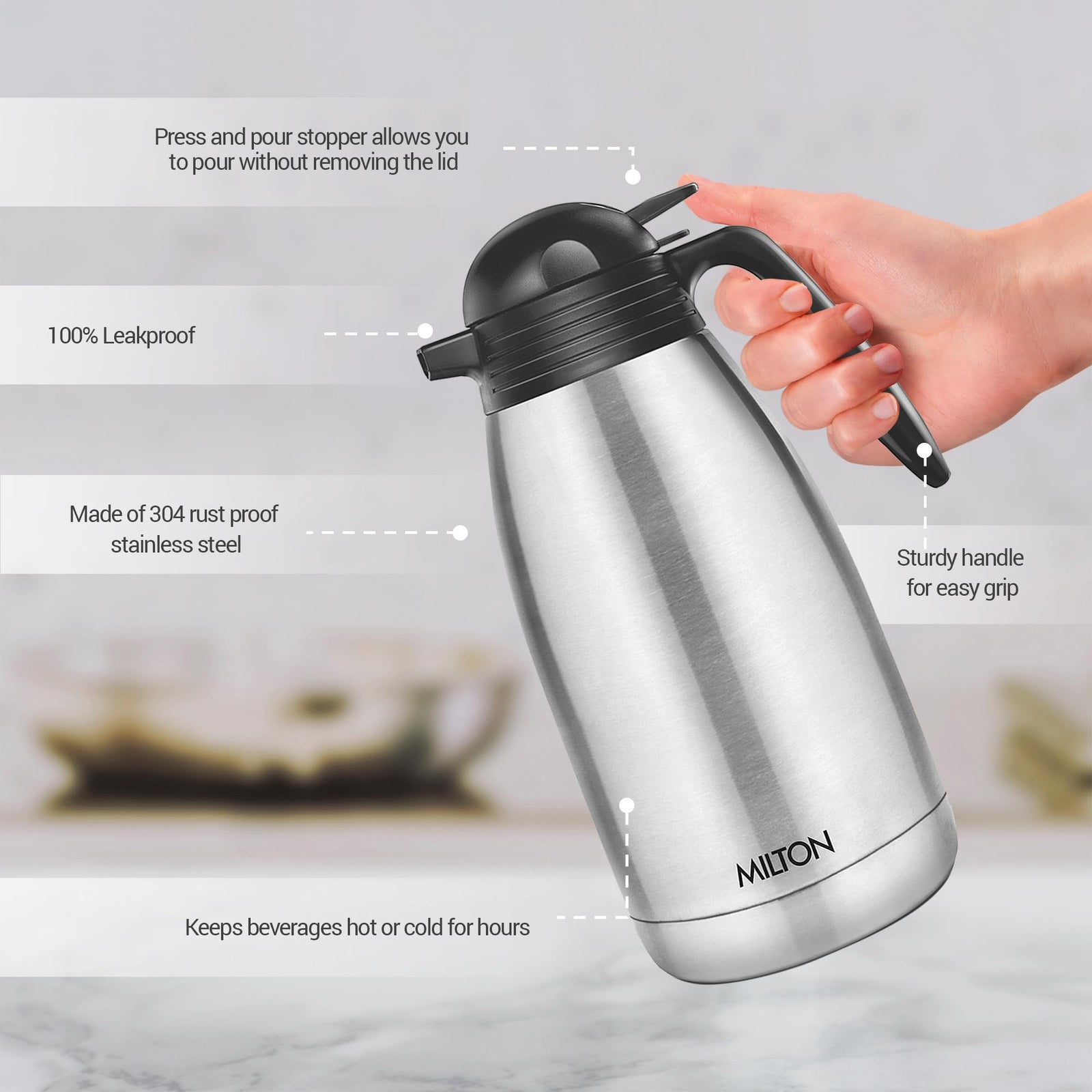 MILTON 2000ml Vacuum Insulated Tea/Coffee Pot with Press Lid, Keeps Drinks Hot and Cold for 24 Hours, 18/8 Stainless Steel Carafe, Double-Walled Flask with Inner Copper Coating - Classic - Silver