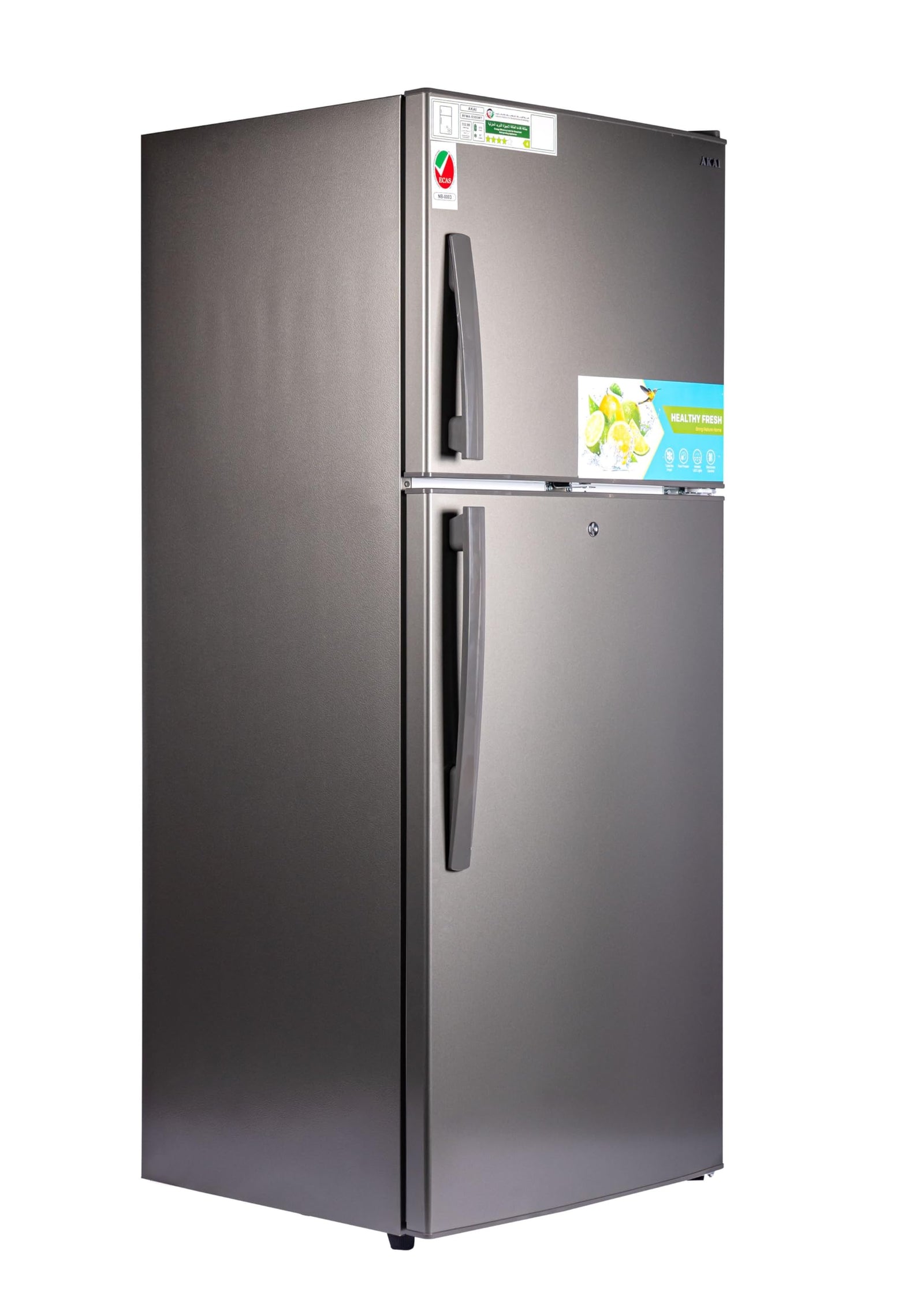 AKAI 500 Liters Double Door Refrigerator with NO FROST Fridge Freezer with Glass Shelves, LED Light Inside, Digital Control, Fast Freezing, 4 Star ESMA Rated, Titanium Finish, RFMA-S500WTA-NEW MODEL