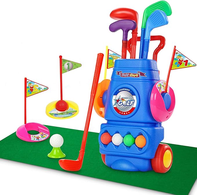 Amoued Kids Golf Clubs Toy Set, Toddler Golf Cart With Wheels, Golf Ball Game Play Set Outdoor Games Toys Gift for Boys Girls 3 4 5 6 Year Old