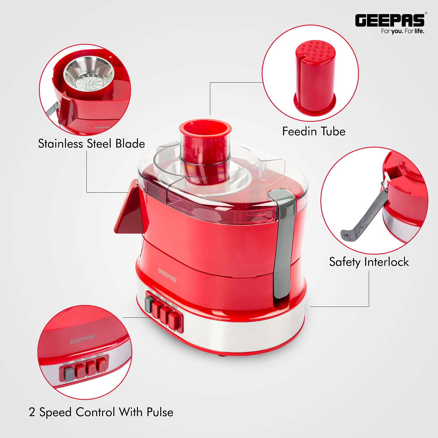 Geepas 4-in-1 multi-function food processor | electric blender juicer, 2-speed with pulse function & safety interlock 800w |juicer, blender, mixture coffee mill included- assorted