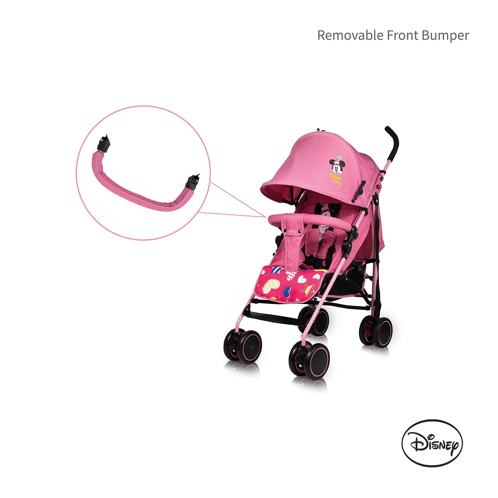 Disney Minnie Mouse Lightweight Adventure Stroller + Storage Cabin | 0-36 months, Compact Design, Shoulder Strap, Adjustable Reclining Seat and More.