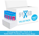 PIXIE Changing Mat 300 + Pack of 5 Refill PINK (15 Rolls) 300 Nappy Bags